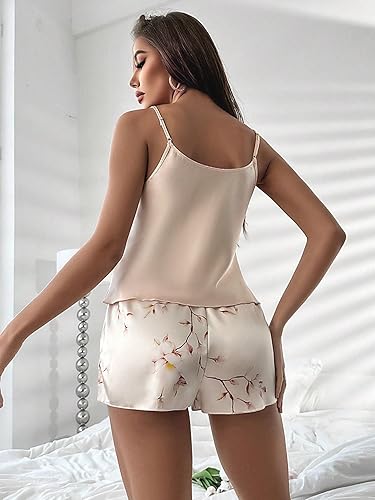 Miniatura 2 de WDIRARA Conjunto de pijama de satén con cuello en V y pantalones cortos con estampado floral para mujer