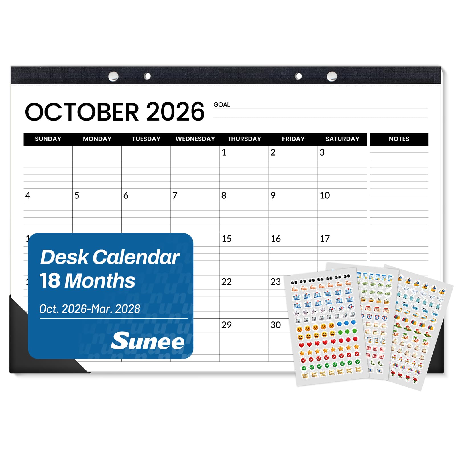 SUNEE Desk Calendar 2026, 18 Months from Oct. 2025 to Mar. 2027, 17"x12" Academic Calendar 2026 for Home, School, or Office - 2026 Monthly Calendar with Note, Black