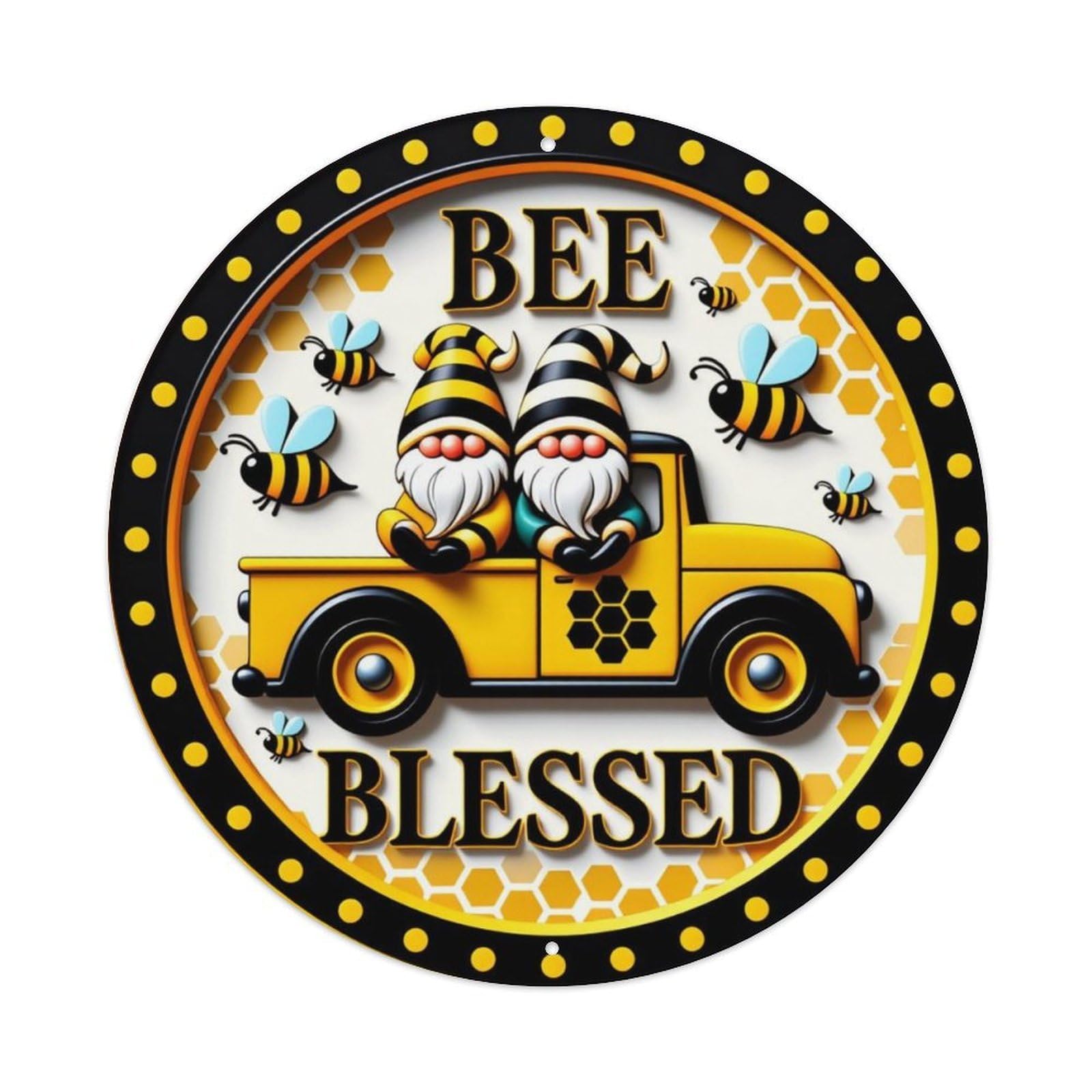 Bee Gnomes Truck Honeycomb Bees Pattern Metal Tin Sign Plaque