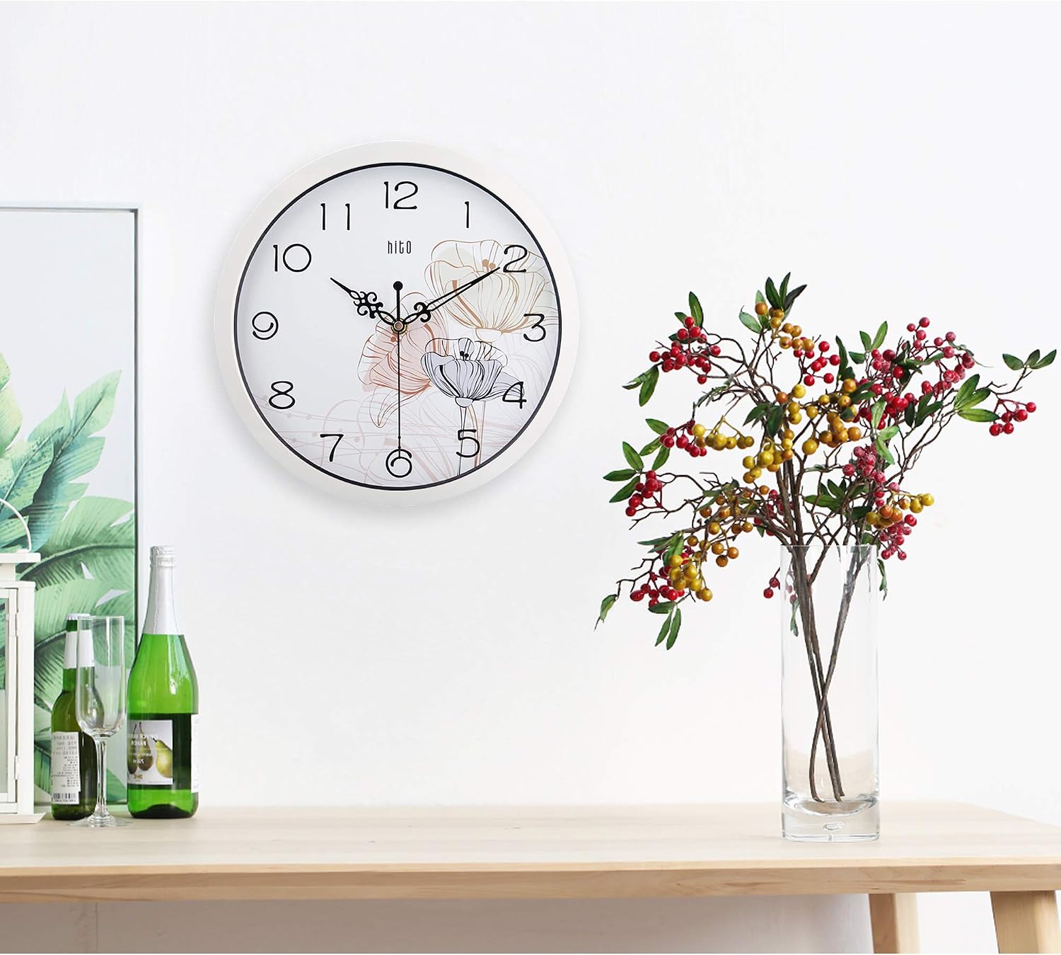 HITO Silent Floral Wall Clock Non Ticking 10 inch Excellent Accurate Sweep Movement Glass Cover, Decorative for Kitchen, Living Room, Bathroom, Bedroom, Office (Lotus White)