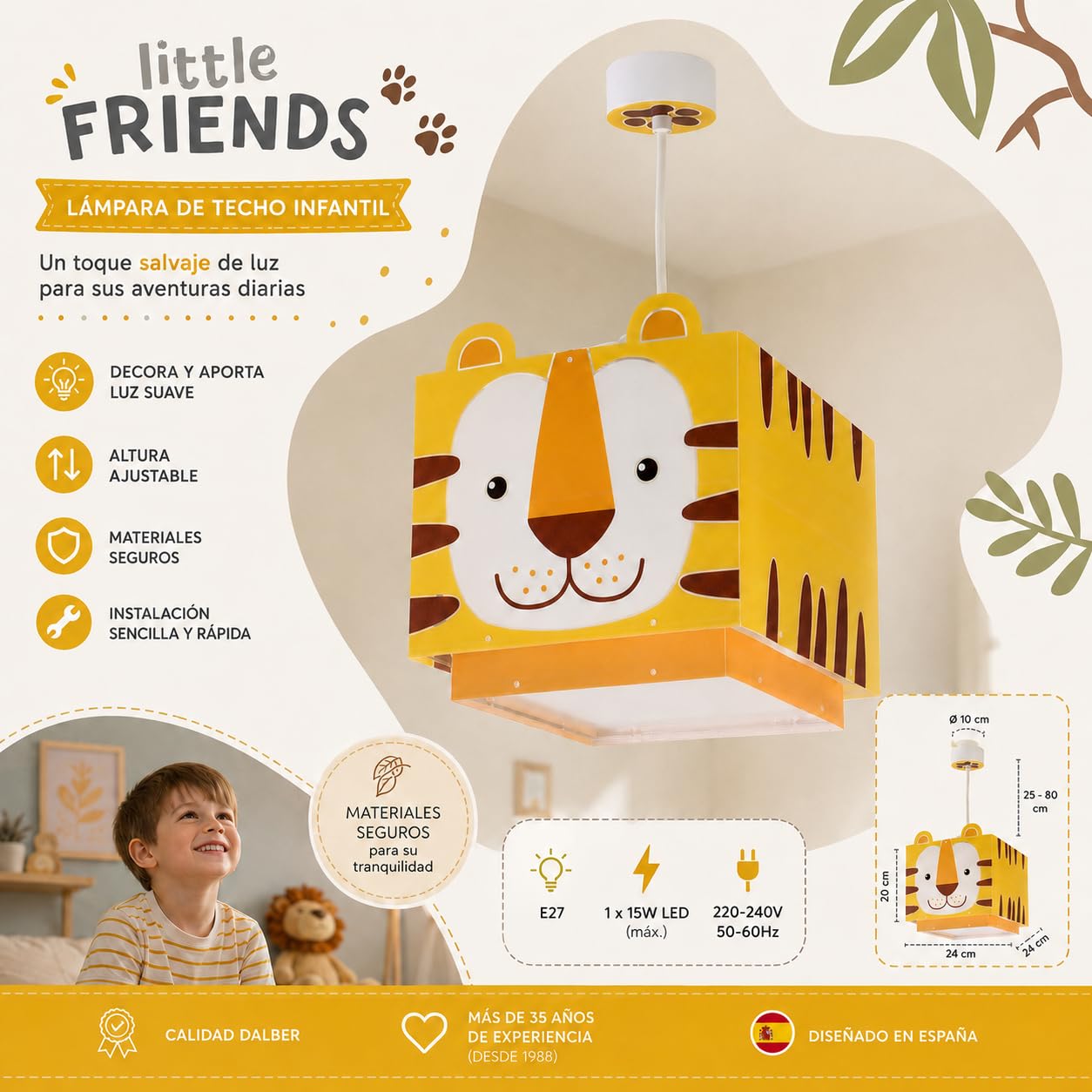Dalber Lámpara Techo Colgante Infantil Little Tiger Tigre 64562M E27 | Incluye difusor de luz inferior extraible; Habitación niña; lámparas infantiles; Animales