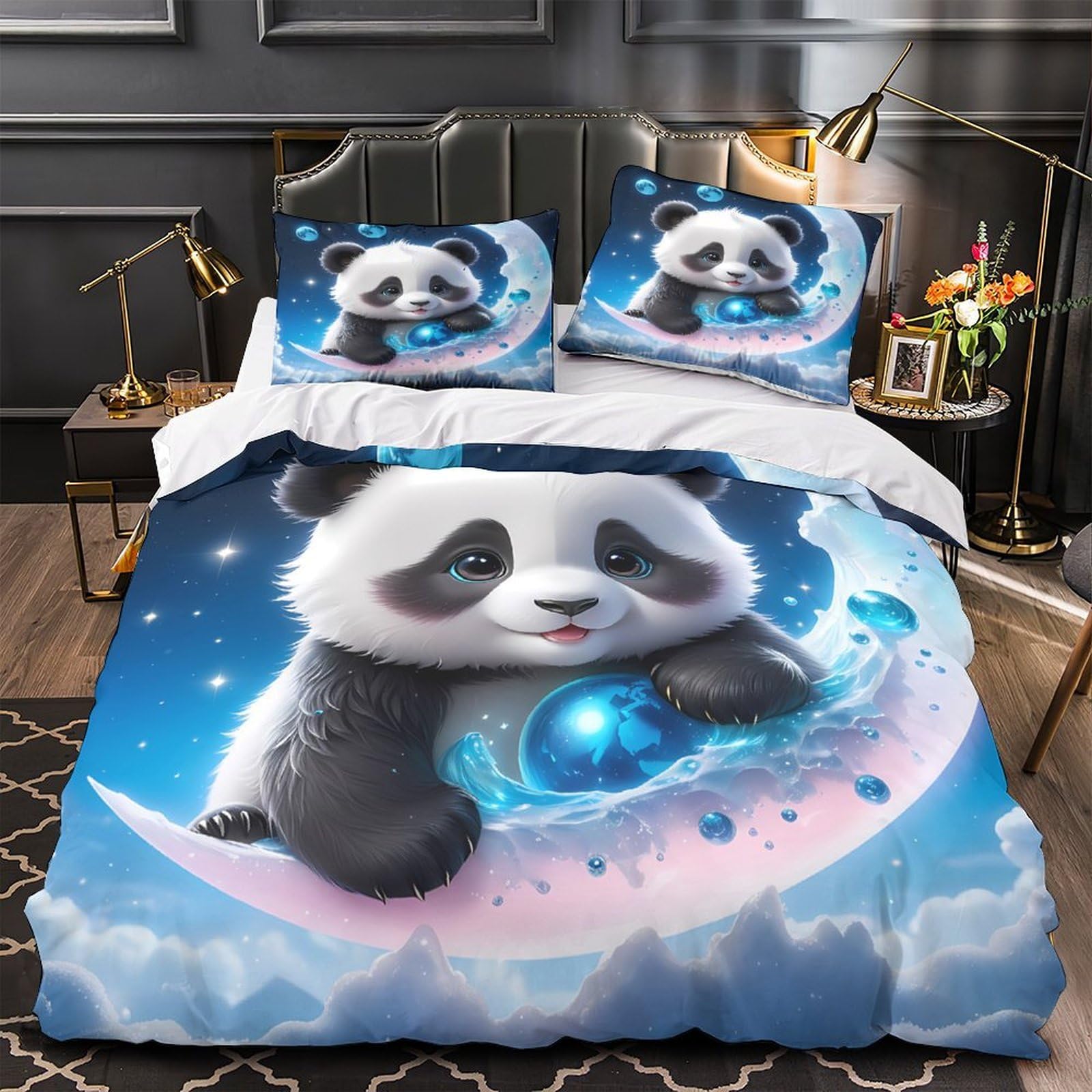 MMDASBVPE Cute Panda Moon Scene Comforter Cover 3D Print Premium 3-Piece Bedding Set Hidden Zipper Quilt Cover Super Soft Hypoallergenic for Adults Kids Girls Boys Women Teens Double（200x200cm）