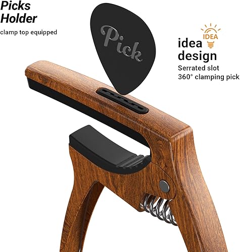 Miniatura 2 de Cejilla de guitarra 3 en 1 para guitarras acústicas y eléctricas, paquete de 2 (con soporte para púas y 6 púas), ukelele, accesorios de cuerdas