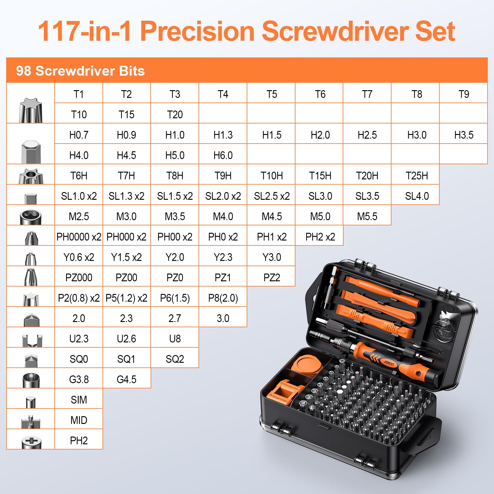JOREST Zestaw wkrętaków precyzyjnych 117 w 1, profesjonalny zestaw do naprawy mini magnetycznych bitów torx, do PC, iPhone, laptopów, okularów, zegarów, przełączników, PS4, PS5, Xbox, elektroniki