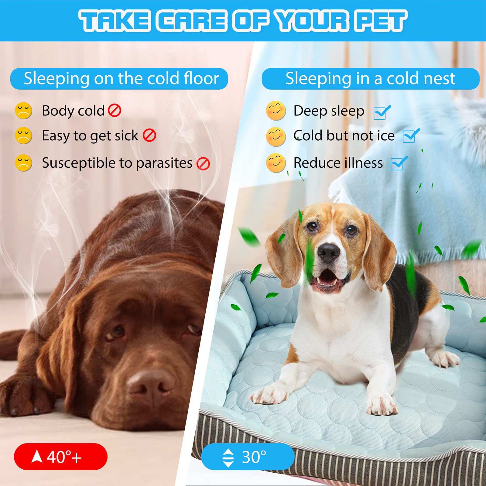 PETCUTE Lit Orthopédique pour Chien de Taille Moyenne,Anti-anxiété,Frais Paniers pour Chiens avec Fond Antidérapant,Lavable Canapé pour Chien Grande Taille,Convient pour l'été(Bleu,L)