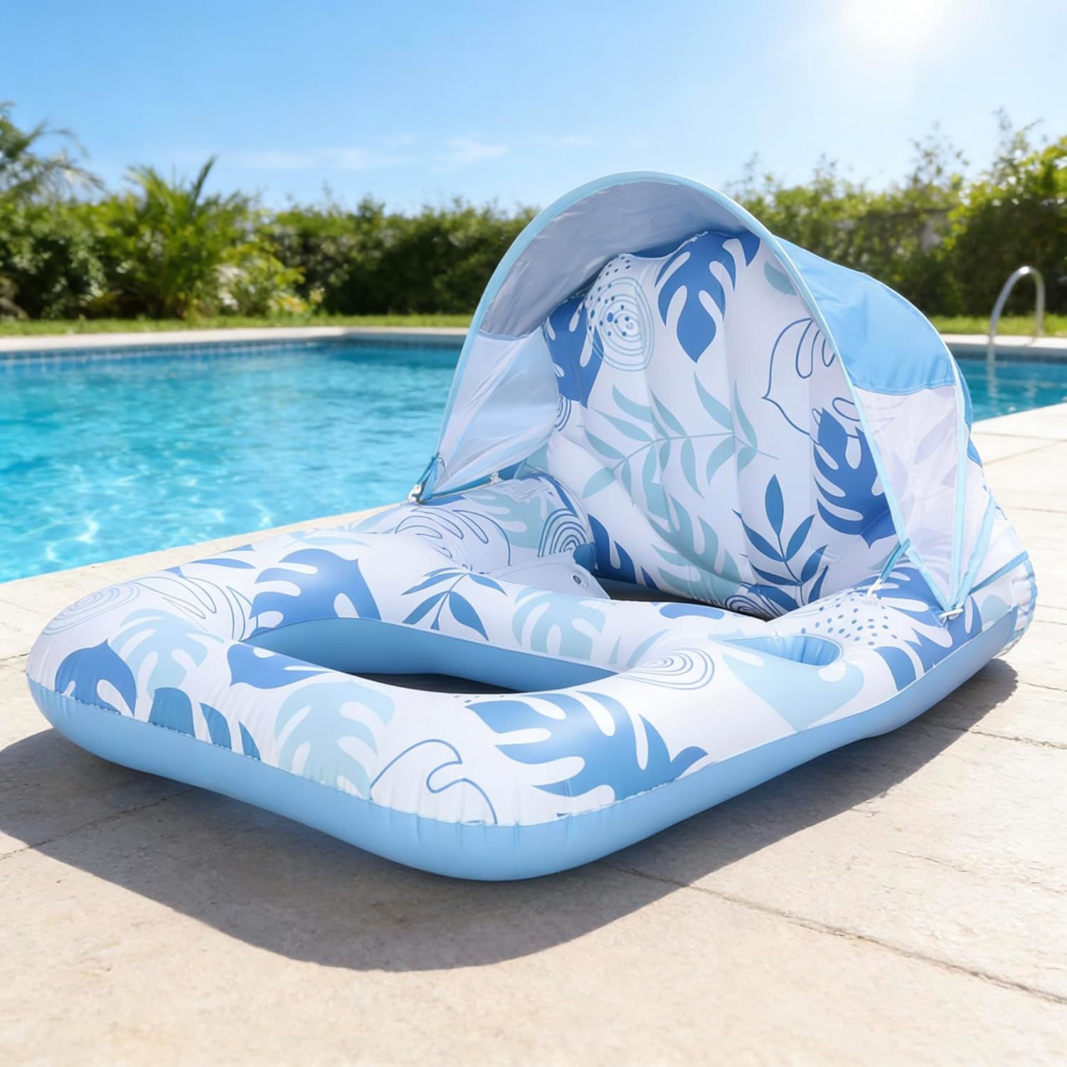 Inflatable Pool Floats Adult with Canopy - UPF 50+ Sun Shade & Face Protection, 330lbs Heavy Duty Floating Lounger, Eco PVC for Pool/Beach/Resort, 2 Air Chambers Design