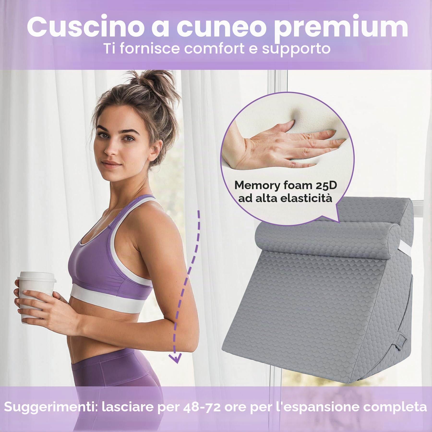 Cuscino a cuneo 3 in 1, cuscino a triangolo rialzato con poggiatesta, cuscino inclinato regolabile da 33 cm, per alleviare il reflusso acido, post chirurgia, supporto per la schiena, russare e dormire