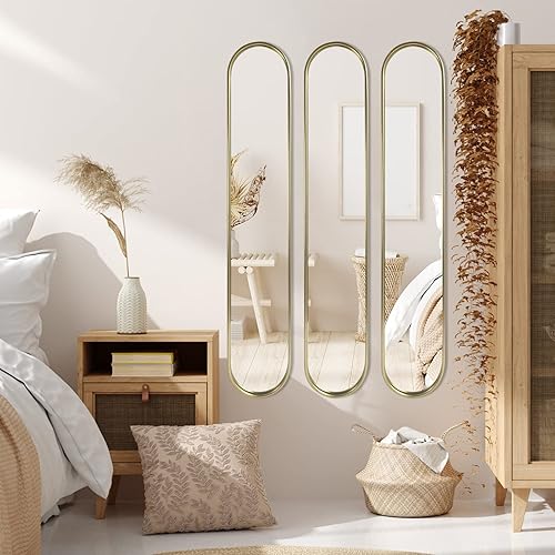 Miniatura 6 de OUSHUAI Espejo ovalado dorado de longitud completa, espejo de pared de cápsula estrecha, espejo largo con marco de metal para entrada, pasillo, sala
