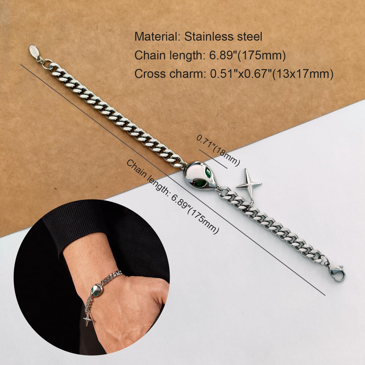 Pulsera de acero inoxidable con dije de cruz de alienígena, pulsera de cadena de eslabones cubanos para hombres y mujeres, con caja de regalo, Grande, Acero inoxidable, No es una piedra preciosa 4
