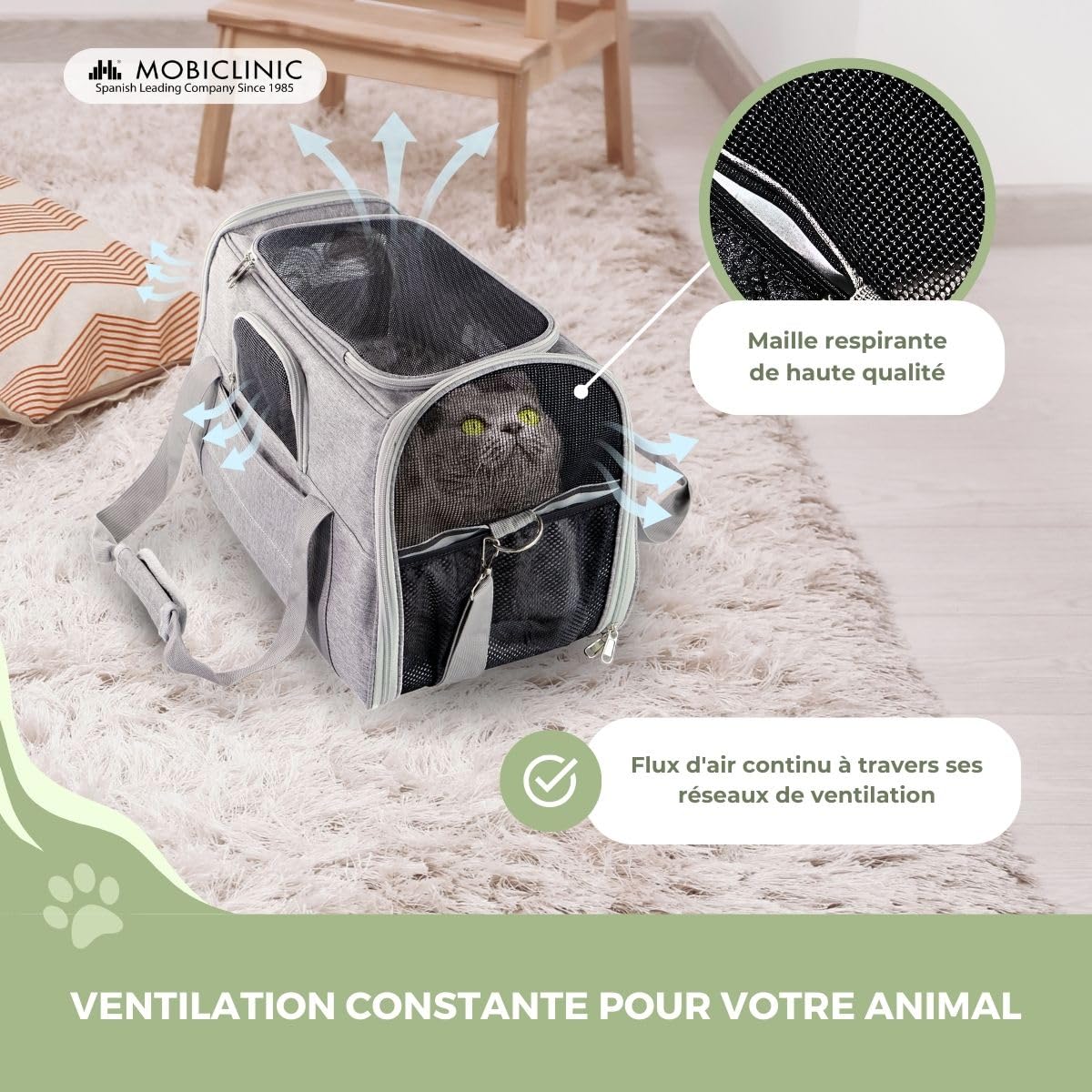 Mobiclinic® Pets, Sac Transport Chat, Chien, Bronco, Pliable, Sangle de, Ventilation, Multi-accès, Réglable, 48x25x30 cm, Chiens et Chats, Convient pour Les valises