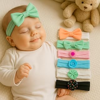 BAKEFY -6 Style Combo Pack Baby Girls Headbands with Bows Soft Elastics Head Wrap Hair Accessories for Newborn Infant Toddler Kids
