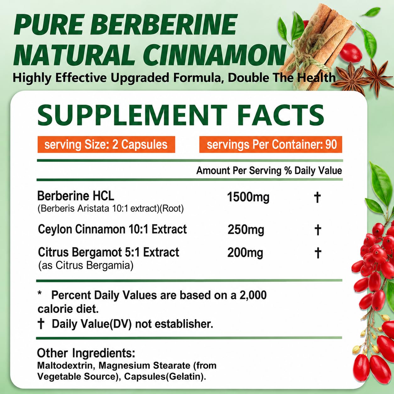Berberine HCL Supplement 1500mg, Ceylon Cinnamon & Bergamot, 180 Capsules — Amazon image 5