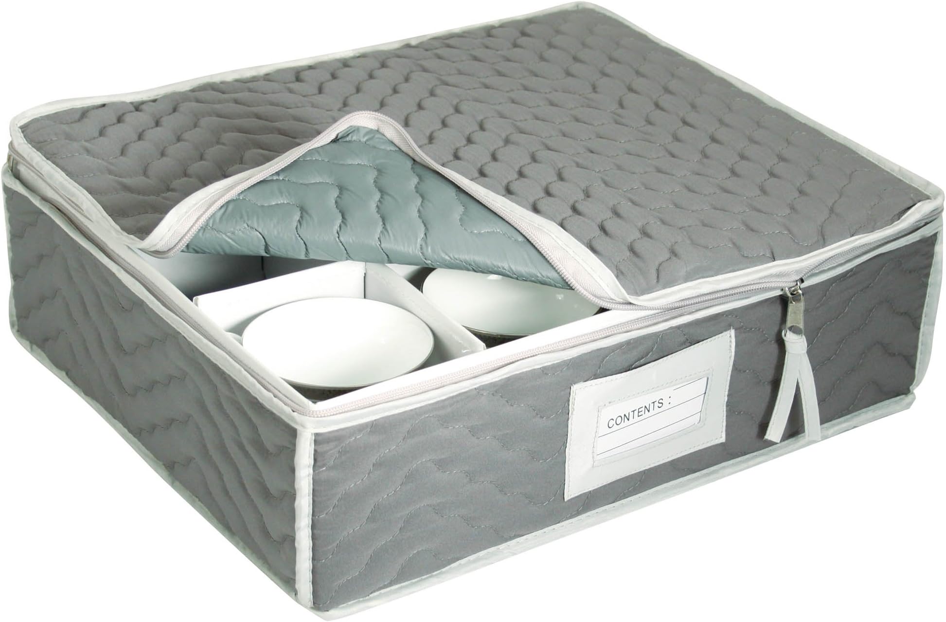 China Cup Storage Chest - Deluxe Quilted Microfiber (Light Gray) (13"H x 15.5"W x 5"D)