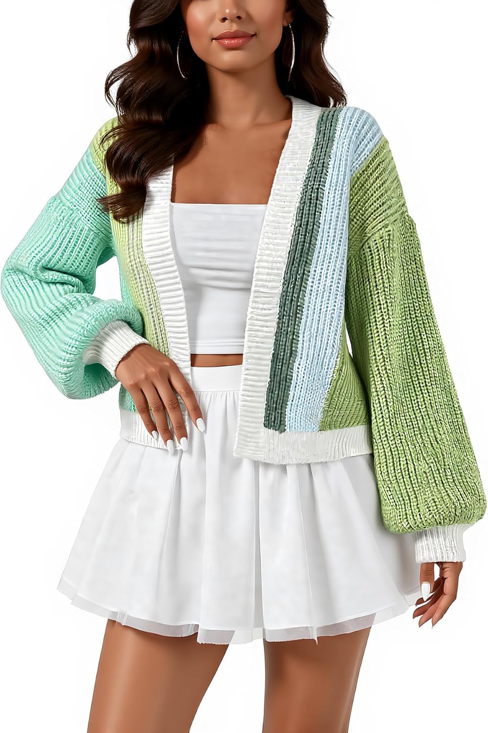 Women's Color Block Open Front Rainbow Light Cardigan Long Sleeve Chunky Knit Sweater Loose Cropped Tops - Image 5