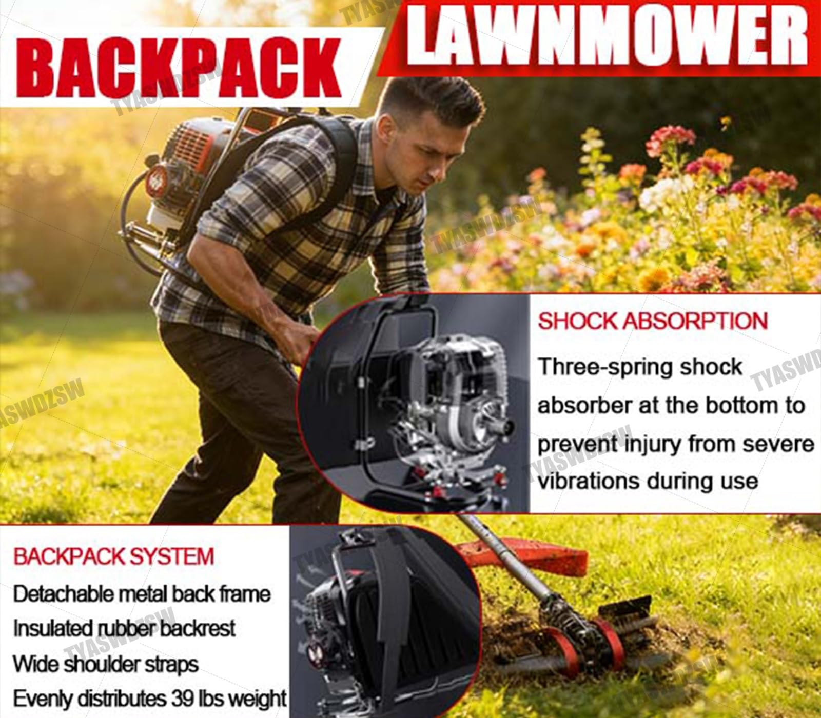 Cortabordes De Mochila De Alta Potencia 1000W 4 Tiempos, Motor A Gasolina 35.8CC 1.4HP para Siega Rápida, Bajo Nivel De Ruido, Bajo Consumo, Herramienta Profesional Jardín