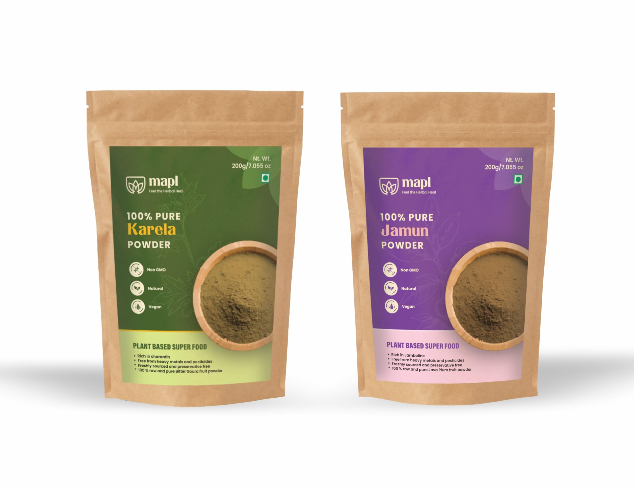 MAPL Karela and Jamun Powder Combo Pack, 100% Pure Plant Based Super Food, Non-GMO, Natural, Vegan, 200g Each