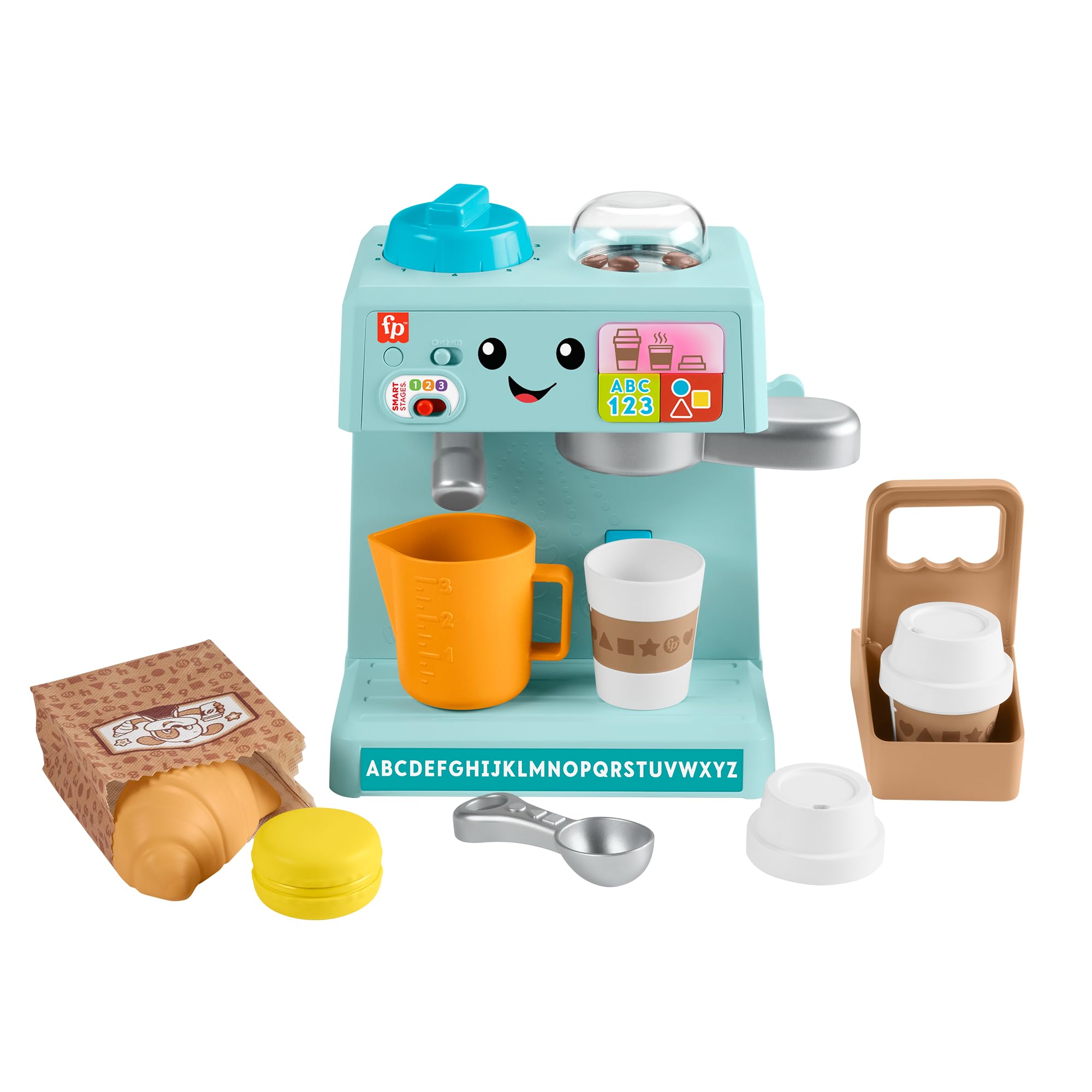 Fisher-Price Laughing and Learning Coffee Maker with Coffee Accessories, Educational Toy with Sounds for Babies from 1 Year Old, Spanish Version + Portuguese + Italian + English (HYT02)