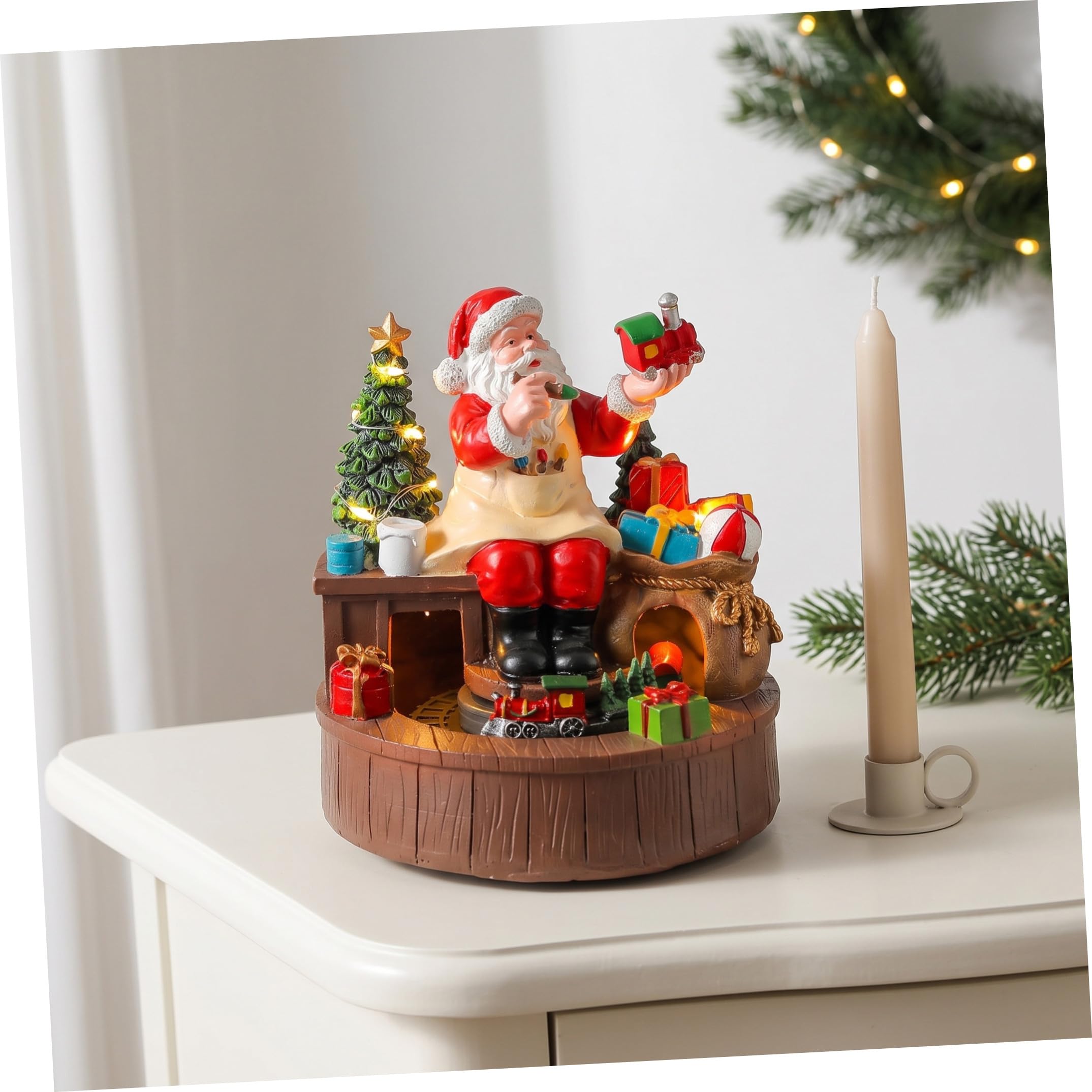 Caja Musical de Papá Noel de Resina con Luces LED y Tren Giratorio