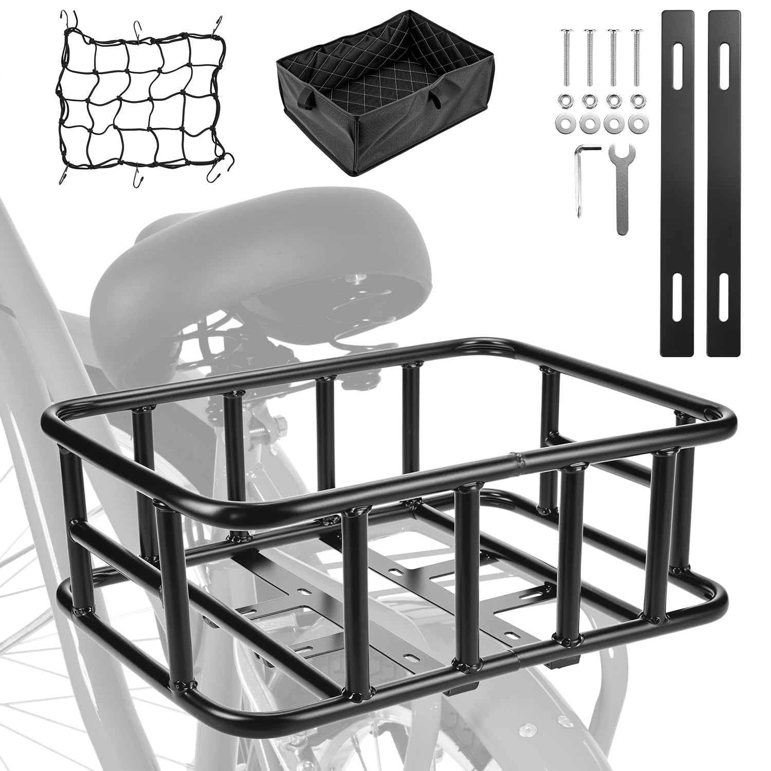 QWORK® Cesto Bicicleta Trasero, Gran cesto Metal con Red de Carga y Forro, para la mayoría de Bicicletas y Bicicletas eléctricas