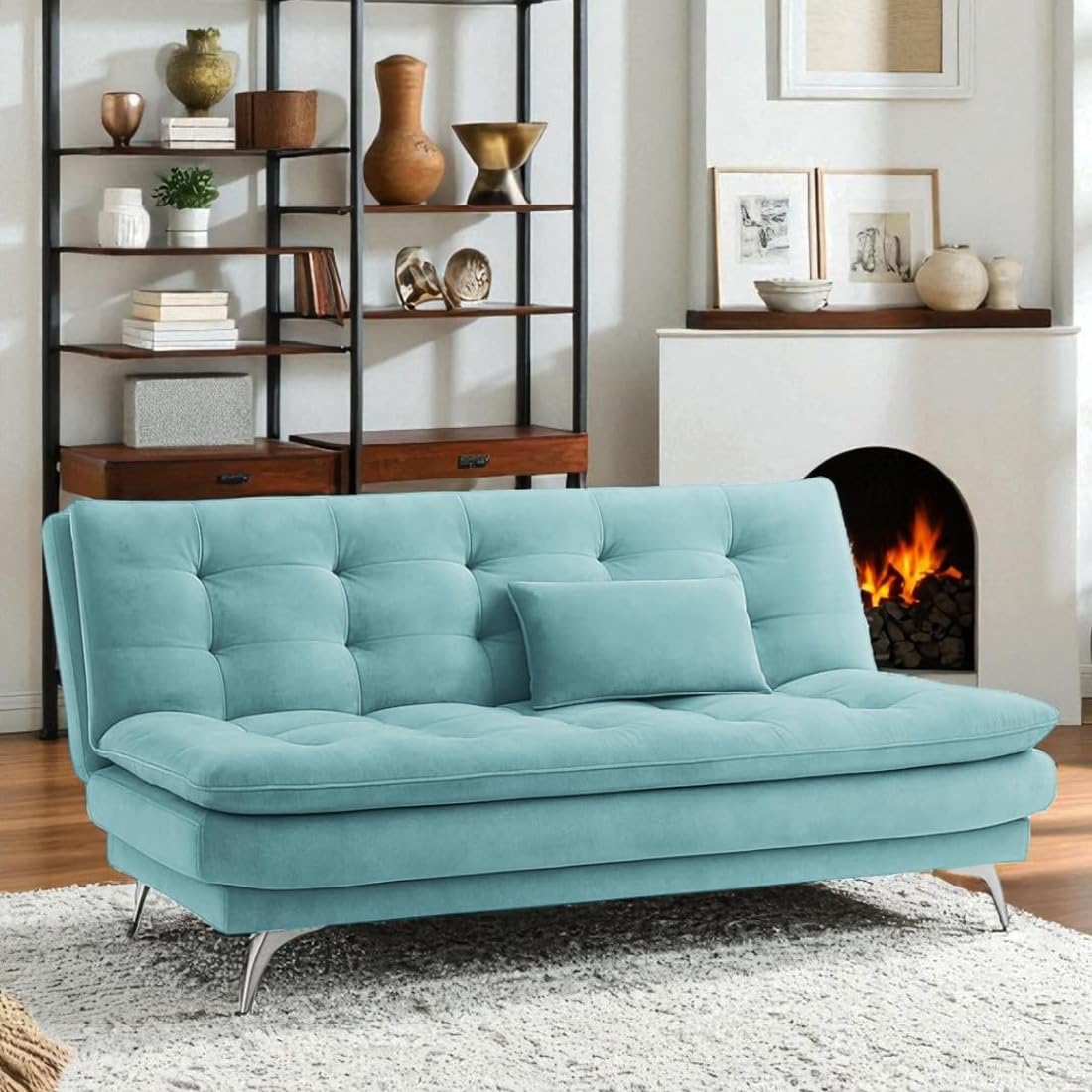 FURNY Eagel 3 Seater Fabric Sofa Cum Bed with 2 Cushions (Sky Blue) with Velvet Fabric | Durable with Comfort | Perfect for Living Room, Bedrooms, Offices