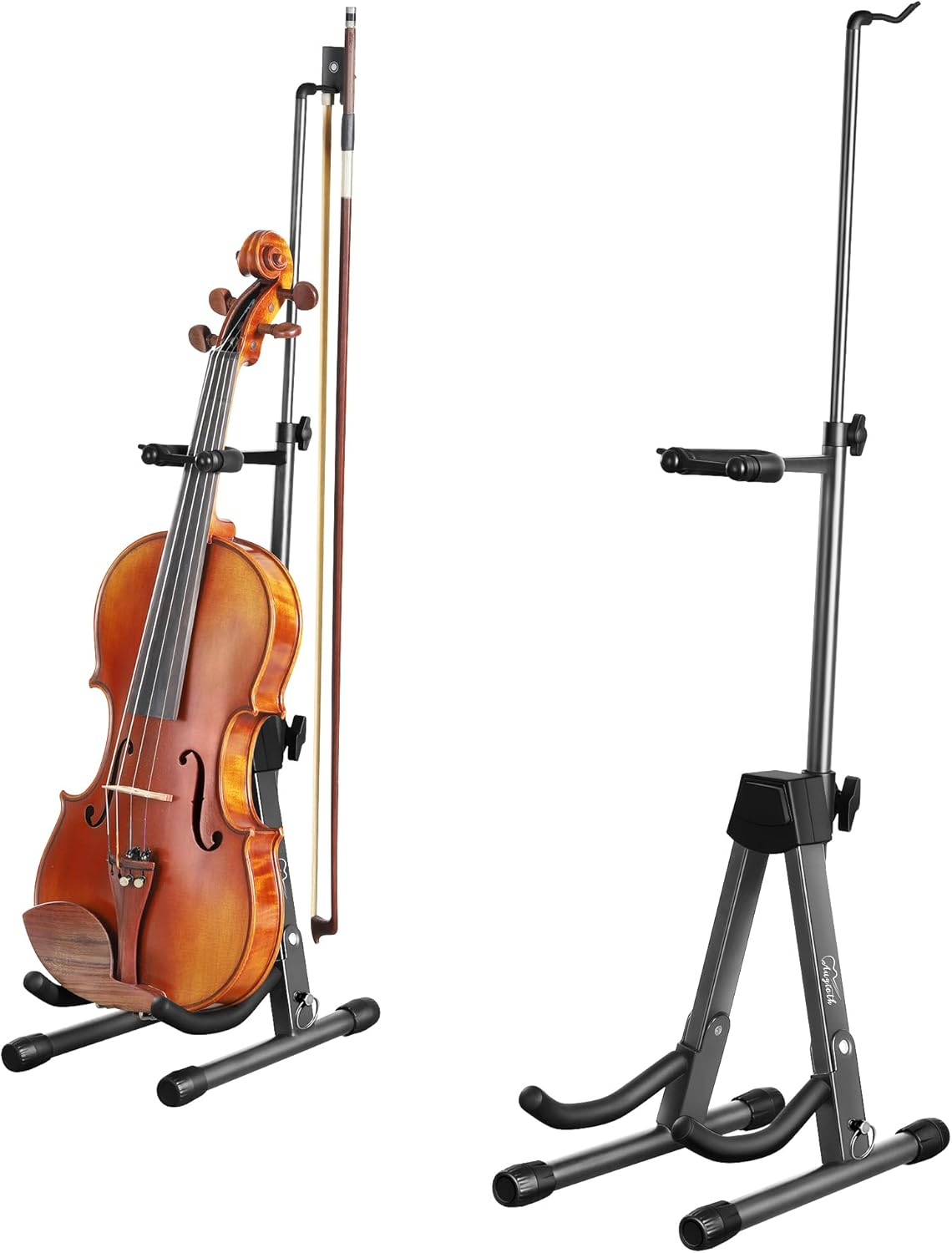 New Upgraded Anti-Tipping Design in Violin Stand with Bow Holder. Adjustable height, non-slip base, and protective head lock. Foldable and portable design for violins, violas, mandolins, and ukuleles.Gray