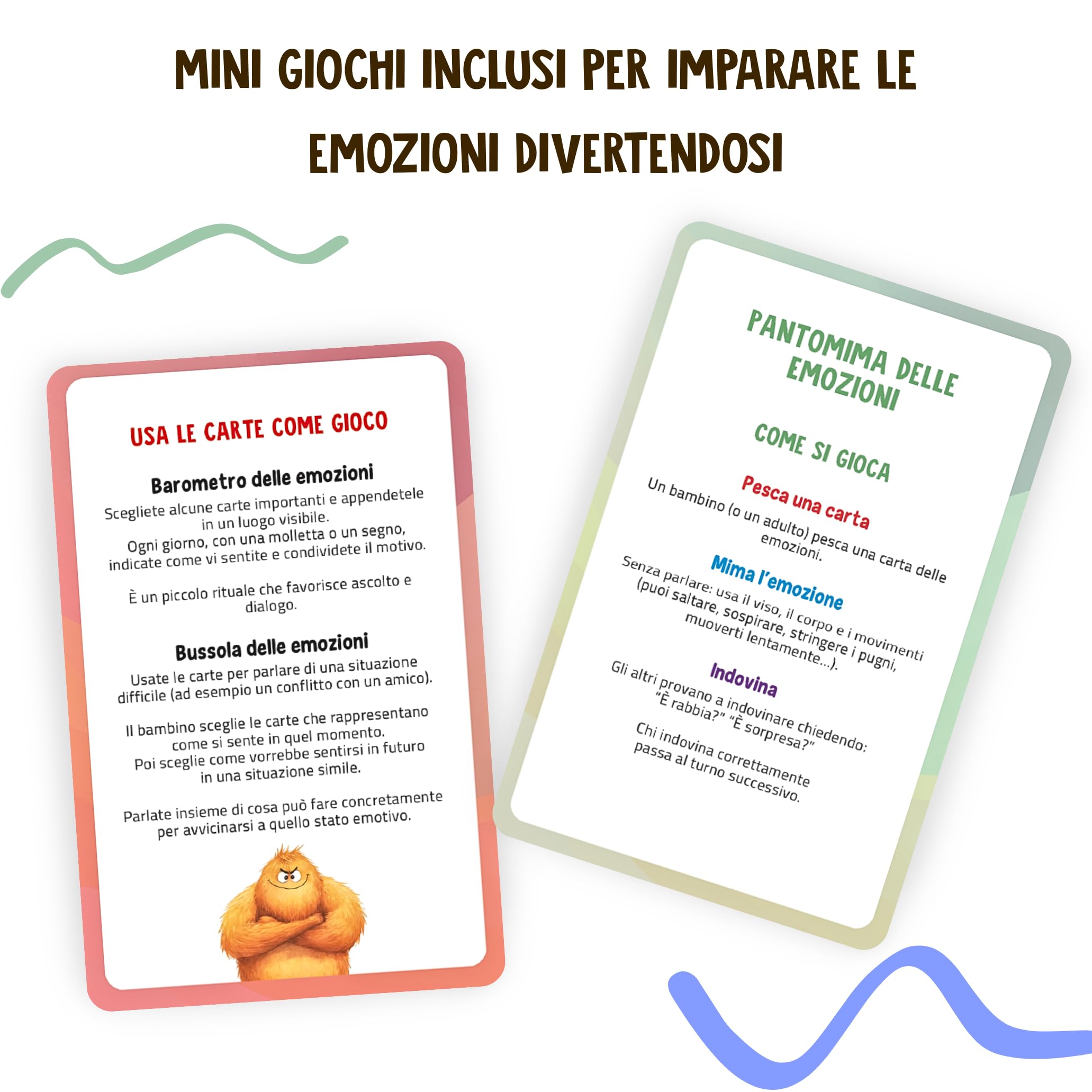 Carte delle Emozioni per Bambini – 40 Carte (32 Emozioni + 8 Extra) con Mini Giochi e Distintivi – Mostriciattoli delle Emozioni – Gioco Educativo per Intelligenza Emotiva – Lingua Italiana – Regalo