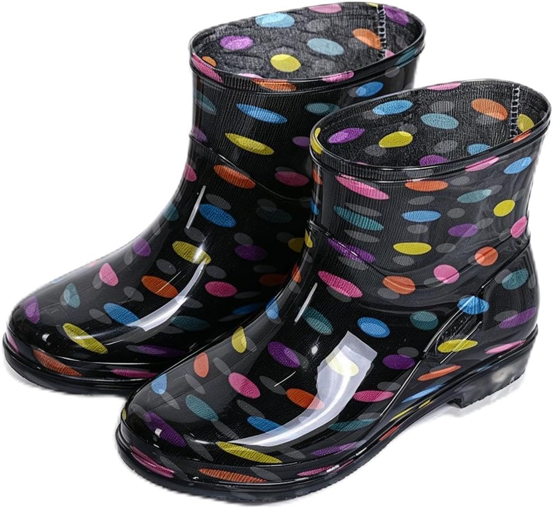 Ladies Ankle Waterproof Rain Boots Multi Color Printed Glossy Pull On Short Rain Footwear Casual