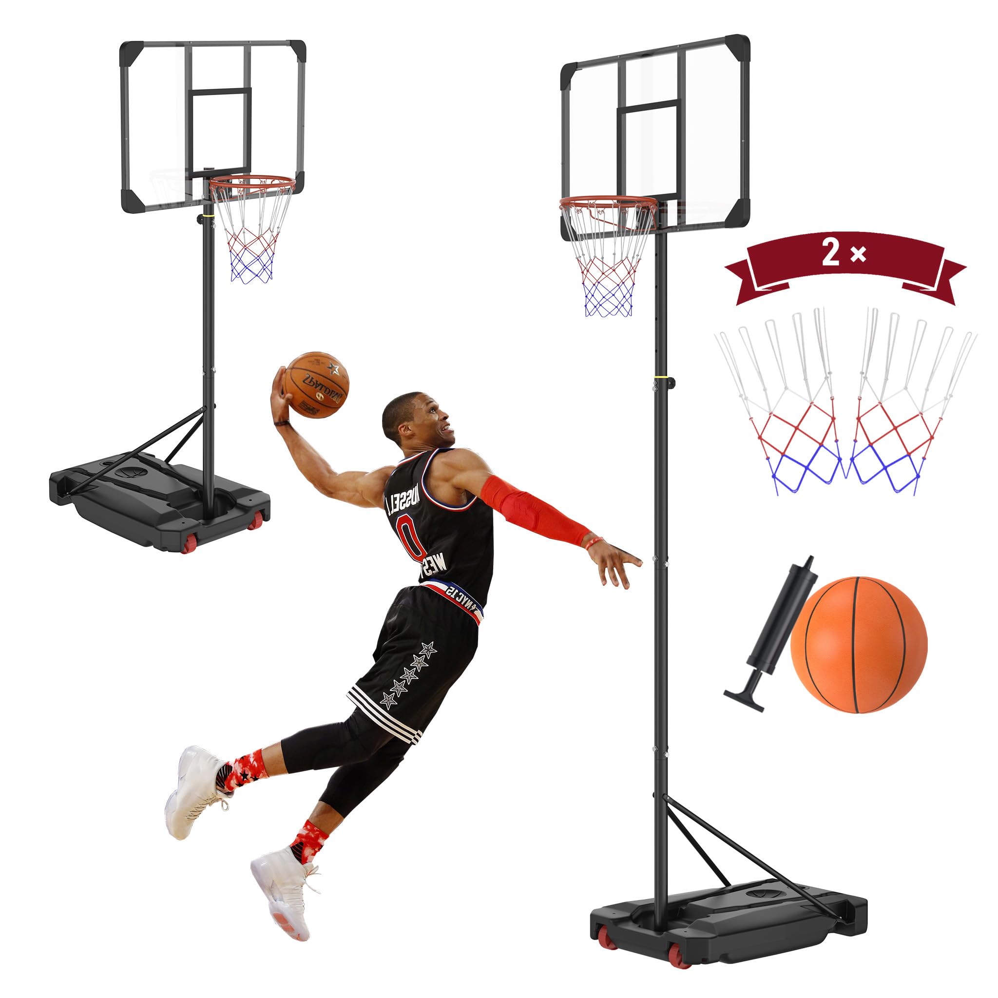 FIVMEN Canasta de baloncesto para exteriores, canasta de baloncesto | Altura ajustable 150 – 260 cm con ruedas de hasta 40 kg de agua, aro de baloncesto portátil para jardín, interior y exterior