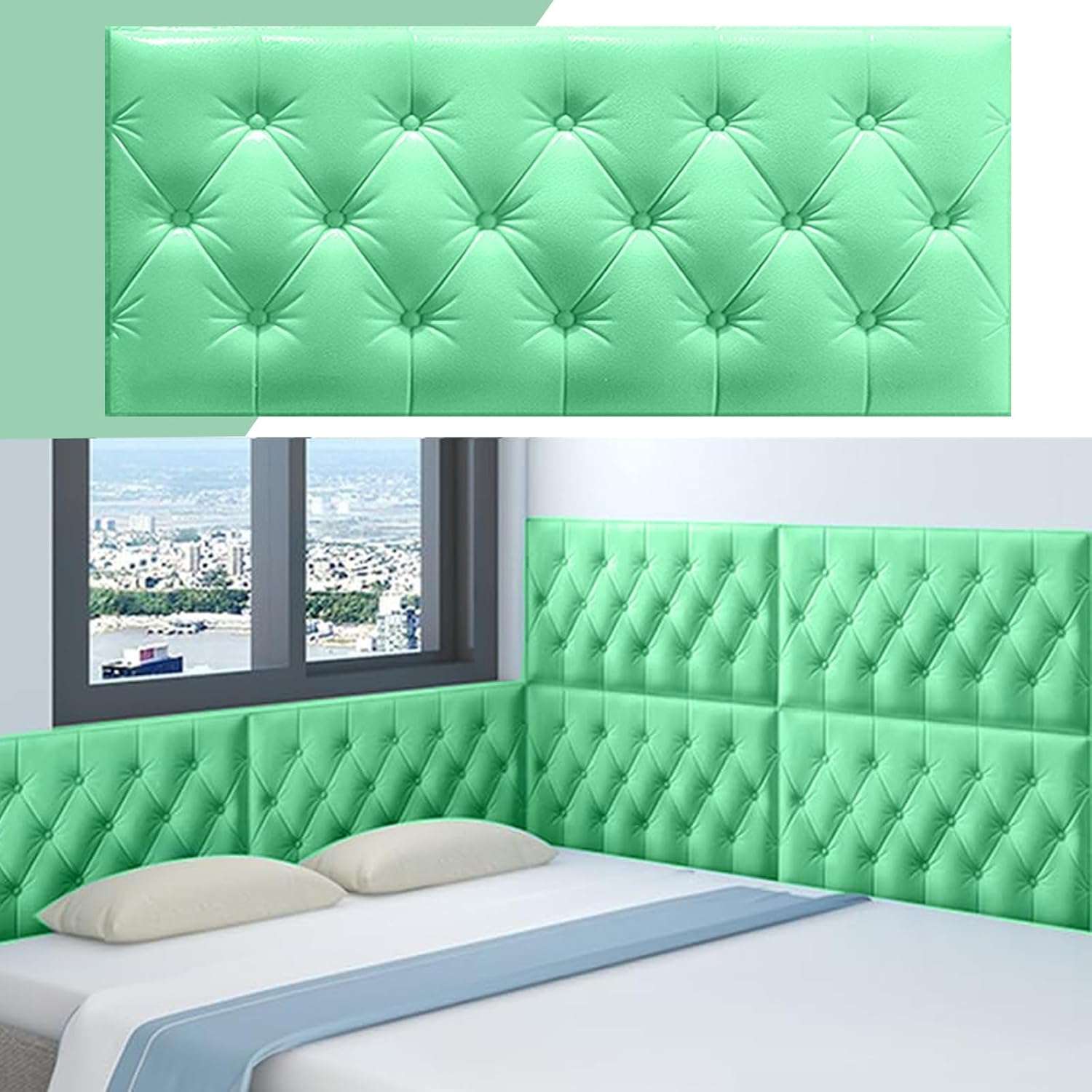Peel and Stick Headboard Upholstered Wall Panels, 3D Anti-Collision Soundproof Self-Adhesive Wall Panel for Bedroom Playroom Wall Protection (Green 23.6X11.8in/60x30cm 4PCS)