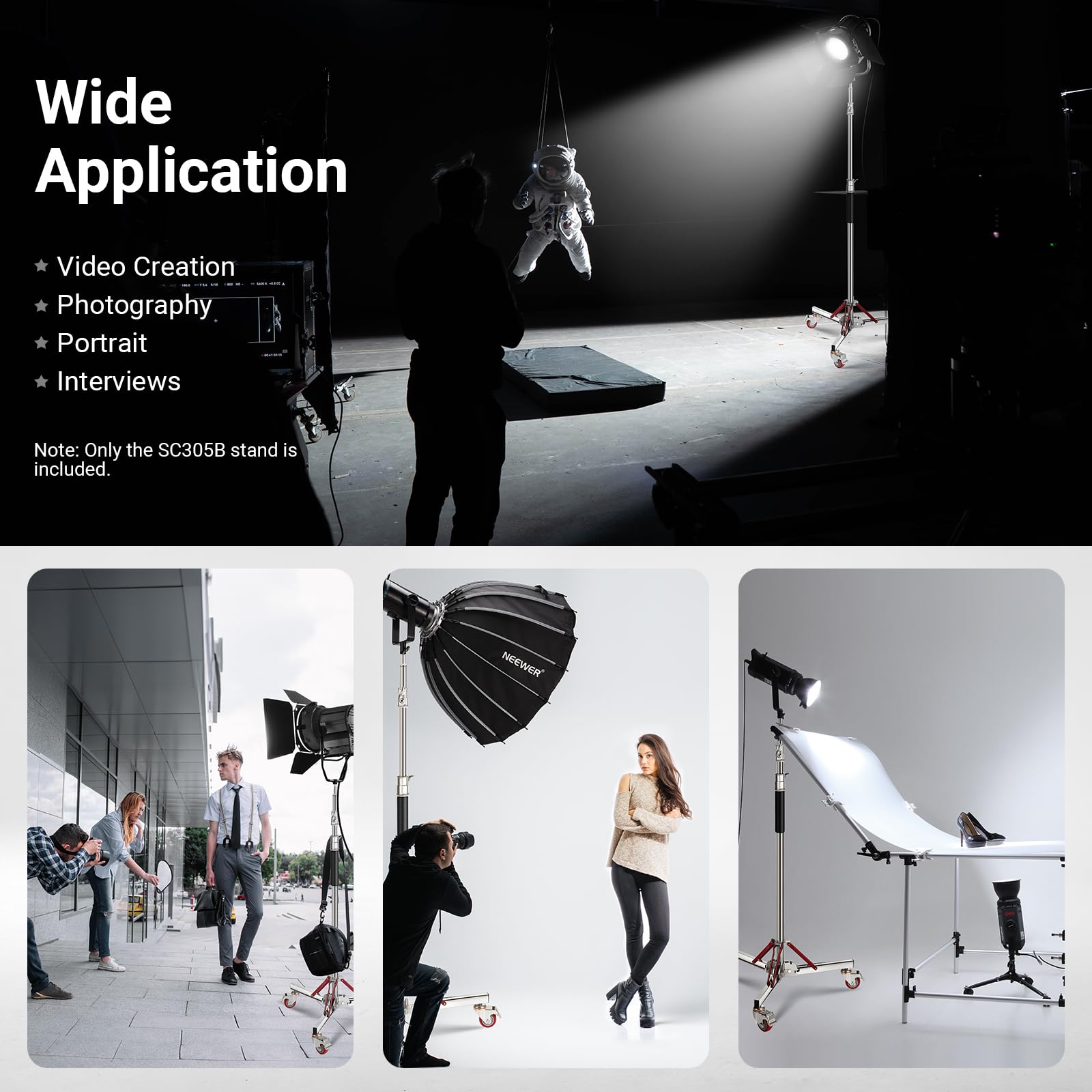 NEEWER BASICS SC305B statyw fotograficzny z kółkami, 100% stal nierdzewna, wytrzymały statyw do stroboskopu LED, pierścień świetlny, monolight, softbox, maksymalne obciążenie 29 kg