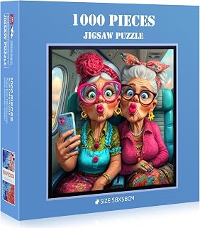 1000 Piece Grandma Airplane Travel Selfie Jigsaw Puzzle for Adults | Humorous Grandma Airplane Scene, Poster & Lettered Back, Travel Theme Funny Puzzle