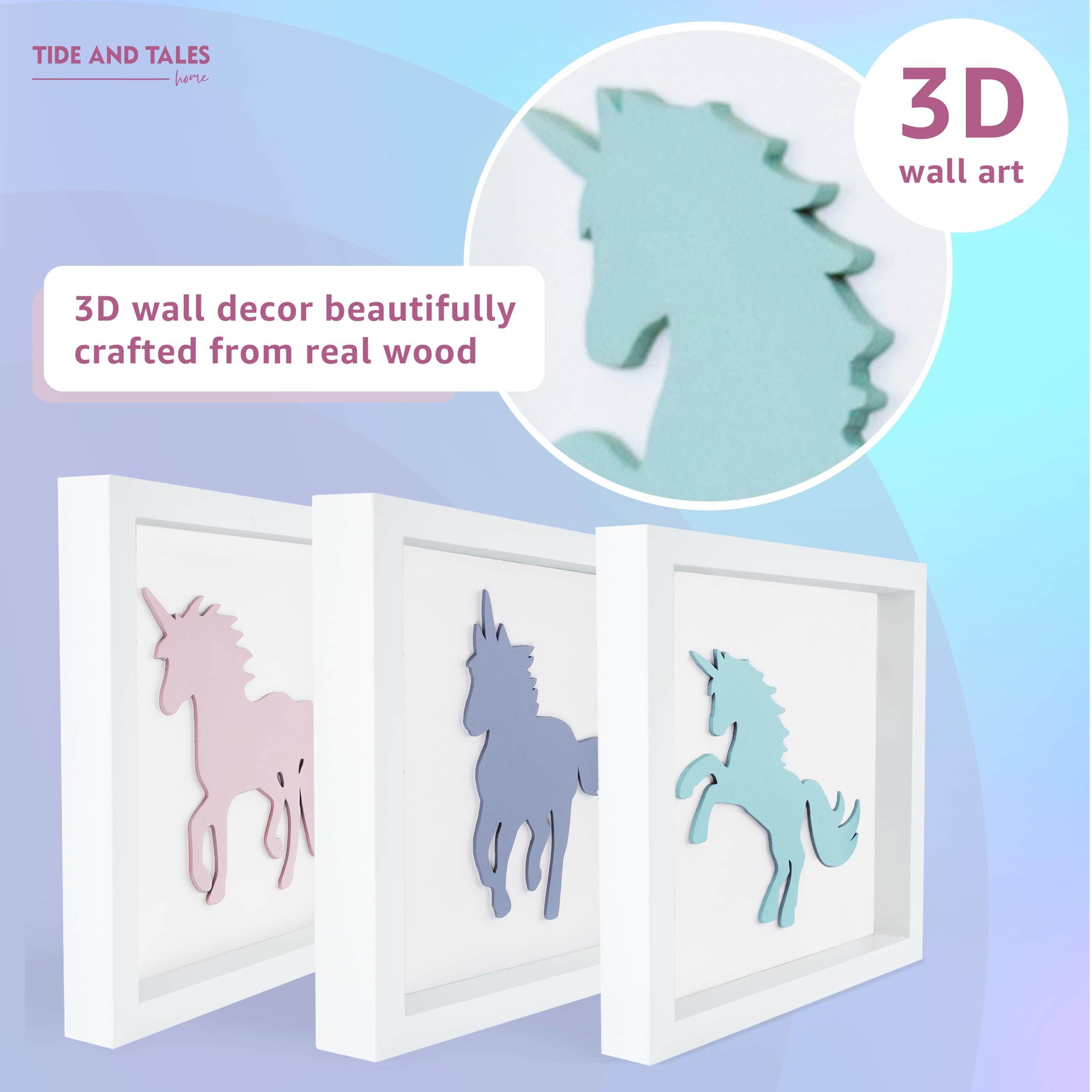 TideAndTales Jednorożec dekoracja ścienna, 3D oprawiony wystrój pokoju dziewczęcego, jednorożec sypialnia dekoracja dla dziewcząt, pastelowa sypialnia dekoracja dla nastolatek, białe drewniane dekoracje do przedszkola, jednorożec prezent dla dziewcząt