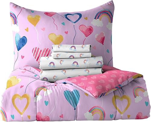 Miniatura 6 de dream FACTORY - Juego completo de ropa de cama infantil de 5 piezas, de microfibra muy suave, fácil de lavar, tamaño individual, globos de corazón,