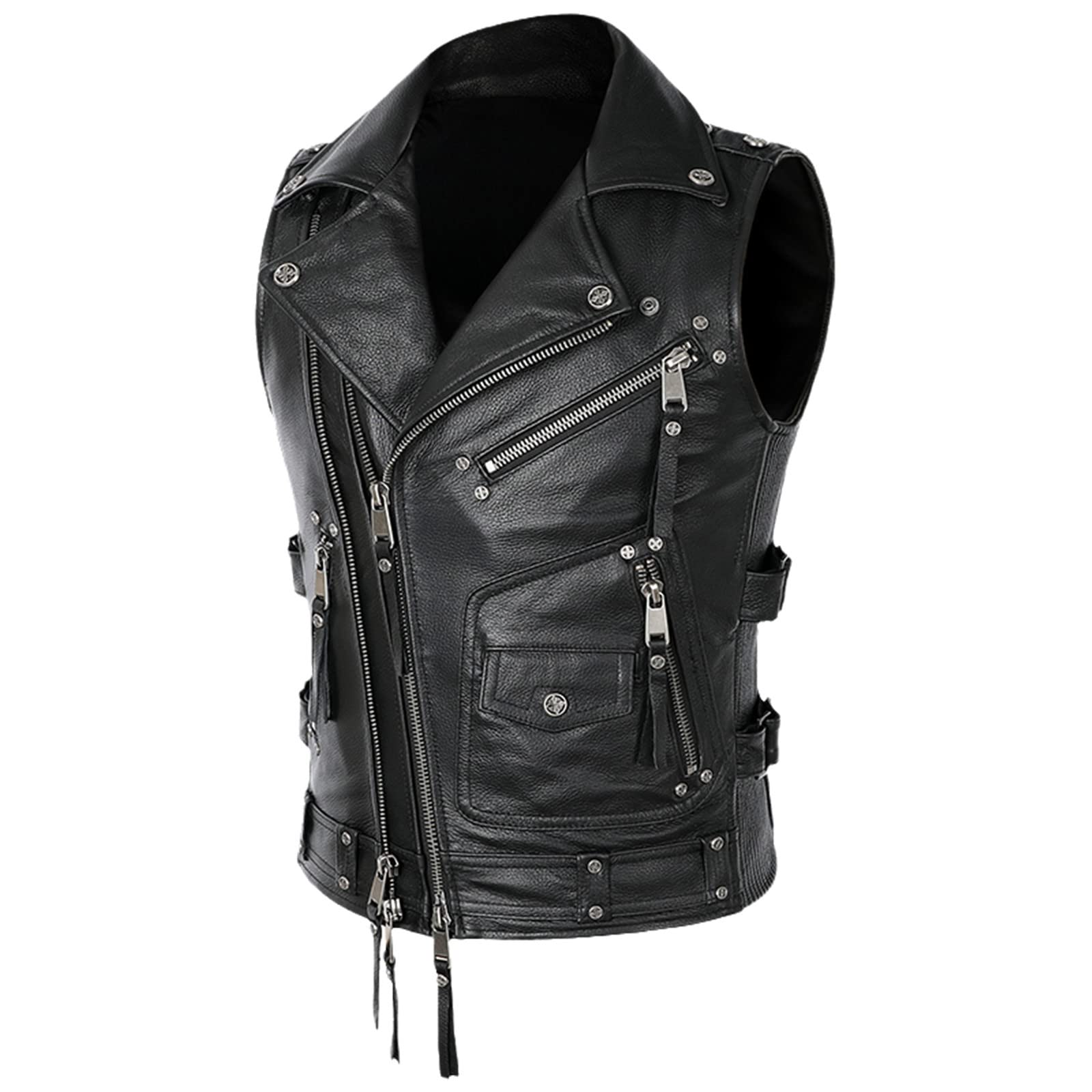 Chaleco de cuero natural marrón para hombre chaqueta sin mangas vintage biker slim fit S 8