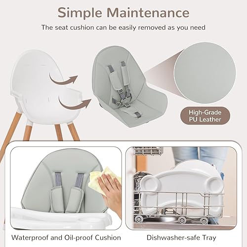 Miniatura 5 de HONEY JOY Silla alta para bebé, trona de madera de haya para bebés y niños pequeños, bandeja de alimentos extraíble de doble capa, arnés de 5