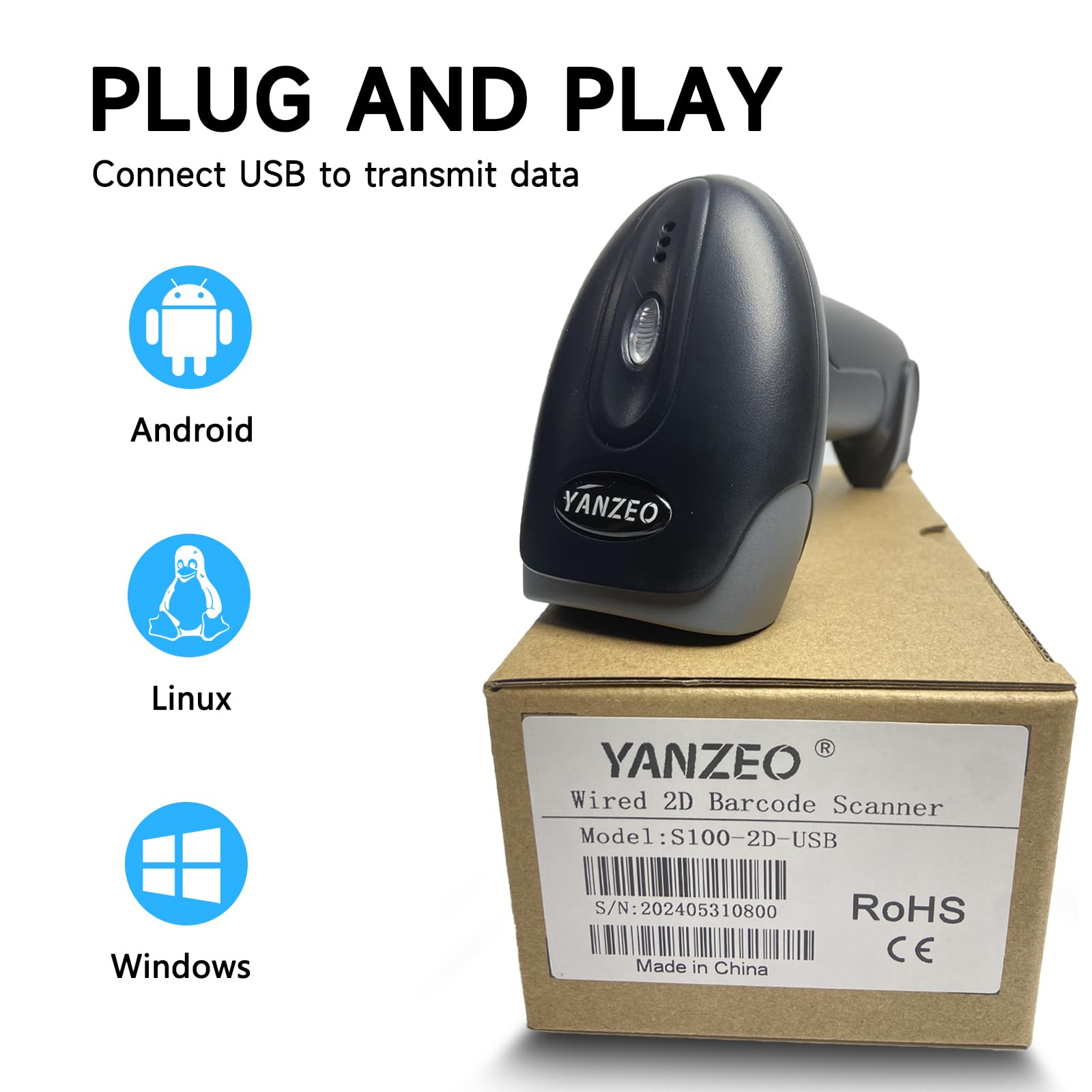 YANZEO S100 Wired - Lettore di codici a barre 2D, lettore di codici a barre USB, lettore di codici a barre QR, lettore automatico UPC PDF417 Data Matrix per negozio, magazzino, supermercato