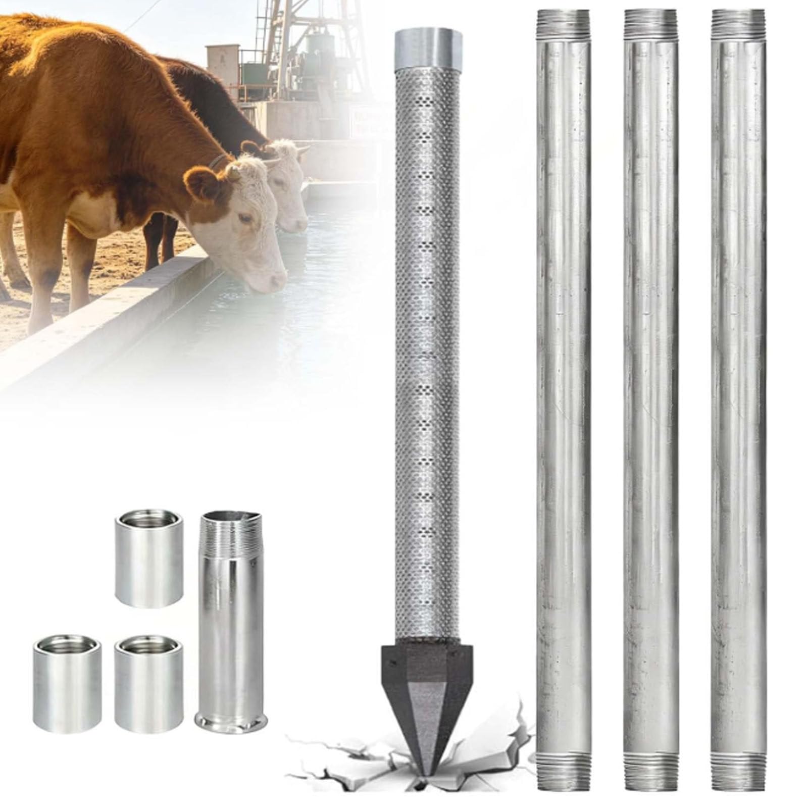 Cashwise Sand Point Well Kit, Professional 1-1/4 Stainless Steel Drive Point Well Kit, 36-inch Well Drive Point, 60 mesh Screen, Heavy Duty Galvanized Drive Pipes and Couplings for Soil 3+1Kit