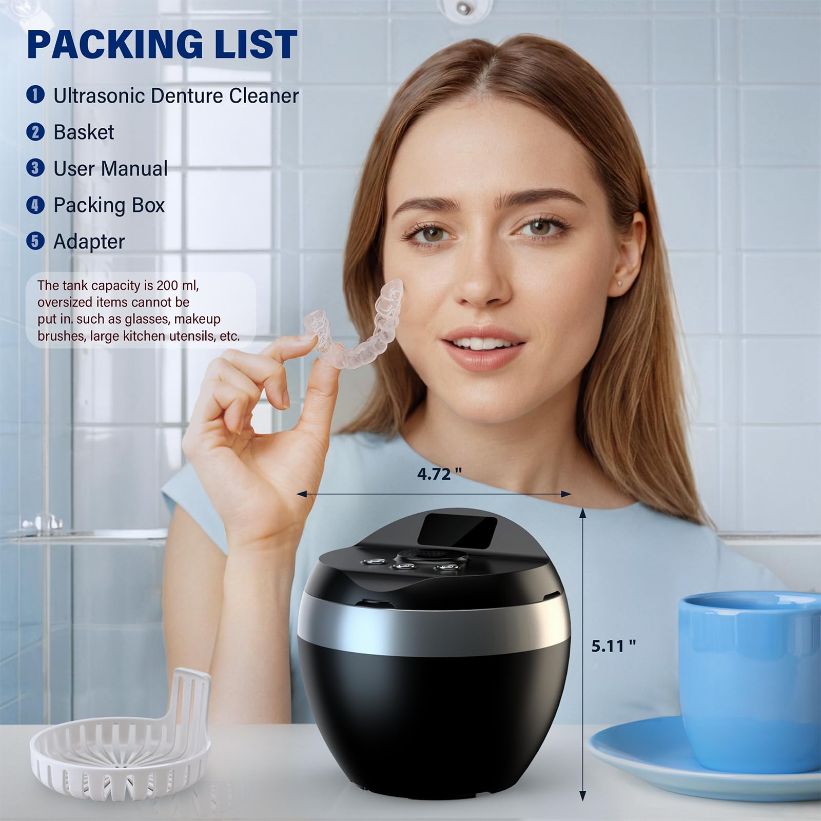 Limpiador ultrasónico de retención, limpiador de dentaduras postizas de 200 ml para protector bucal, alineador, soporte, protector nocturno y aparato dental con 4 modos, limpiador de joyas de 45 kHz