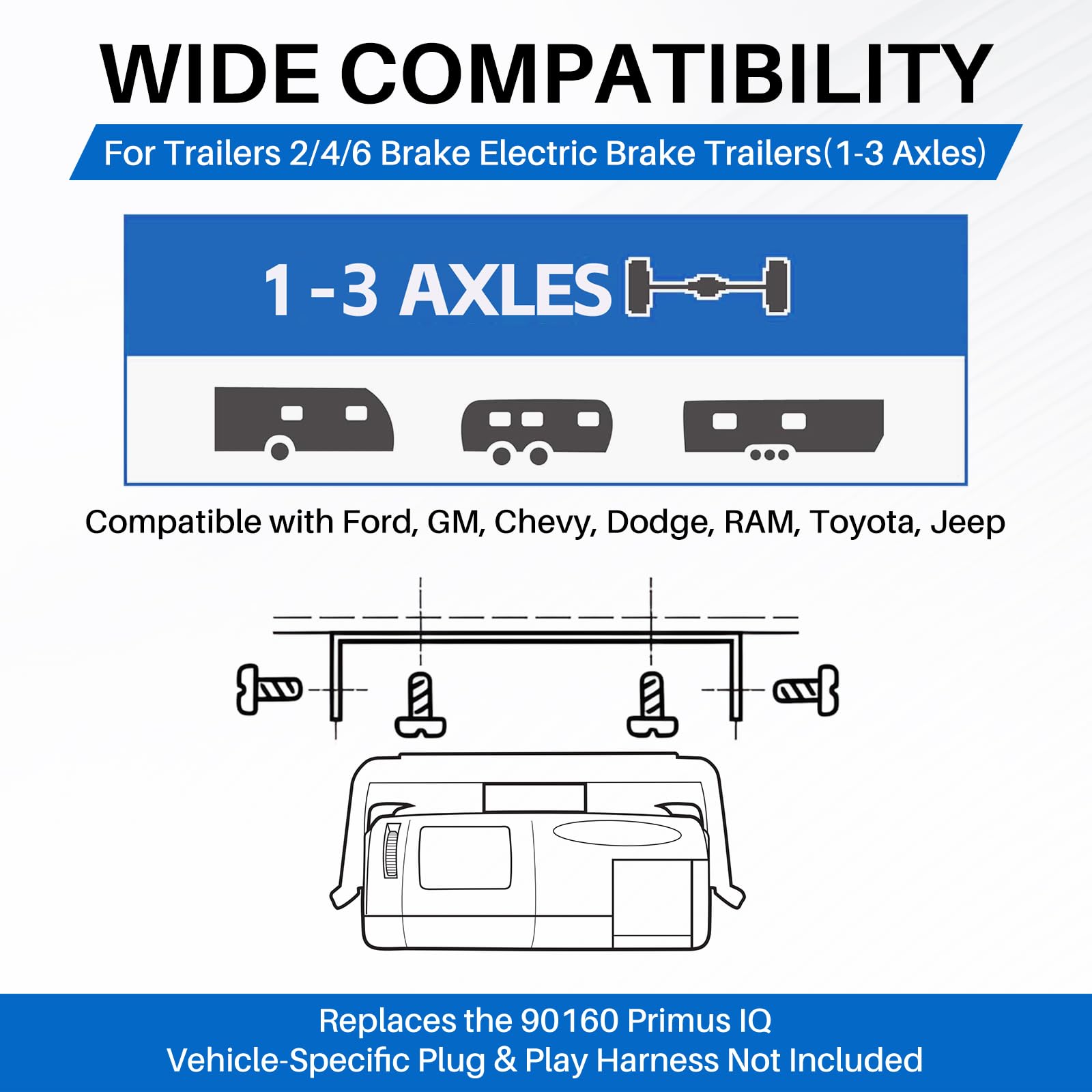 90160 Kit contrôleur de frein proportionnel pour remorque de frein électrique 1-3 essieux, compatible avec Ford, GM, Chevy, Dodge, RAM, Toyota, Jeep, Primus IQ. Faisceau de câblage vendu
