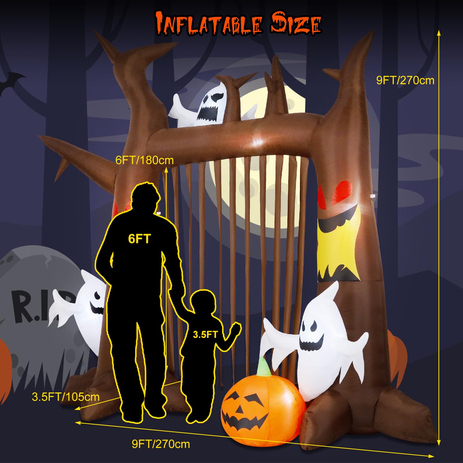 9FT Halloween Inflatable Dead Tree Archway, Halloween Blow Up Yard Decorations with Pumpkin & Ghost, Build-in LED Lights, Halloween Inflatable Arch for Halloween Party Outdoor Garden Lawn