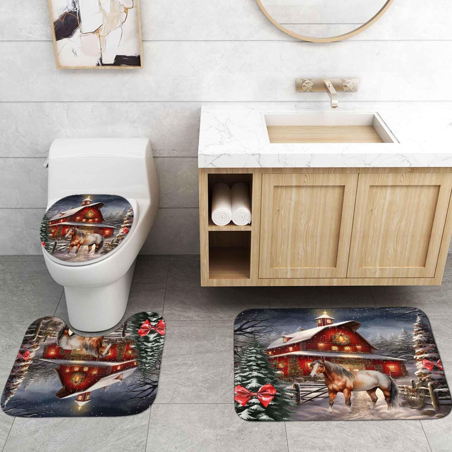 4PCS Christmas Horse Shower Curtain Set, Waterproof Fabric Shower Curtain, Non-Slip Bath Mat Bathroom Rugs, Red Barn Xmas Tree Farm Animal Farmhouse Holiday New Year Winter Bathroom Decor