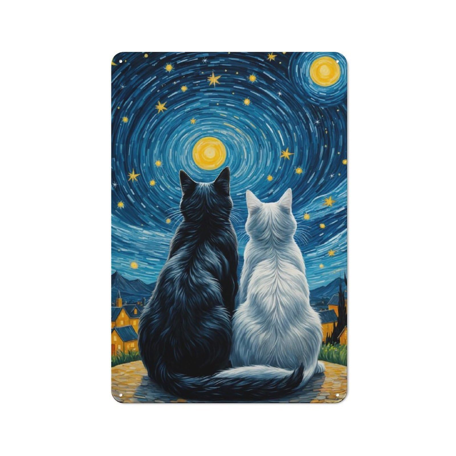 Junmoney Cats In Love Starry Night Retro Metal Gift Sign 30X20cm, Home Wall Decor For Flat, Dorm Room, Lounge Or Cafe