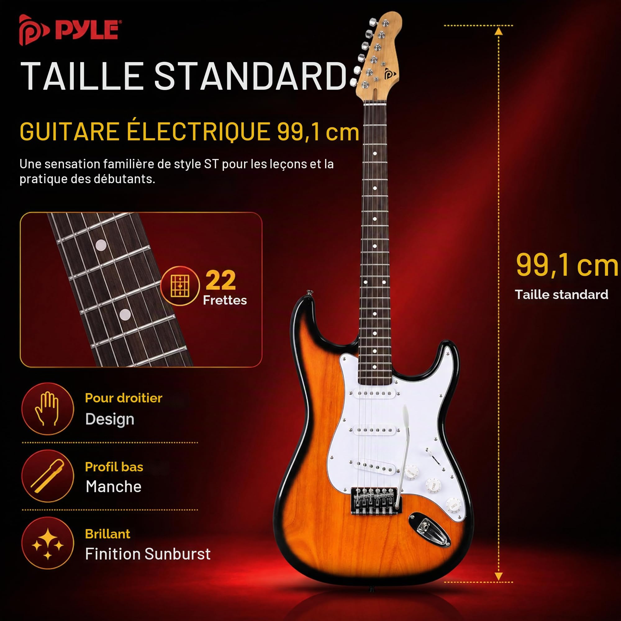 Pyle Guitare Électrique Taille Complète avec Ampli 5W – Pack Débutant Style ST, 22 Frettes, Corps en Bois, Étui, Sangle, Médiators et Cordes de Rechange - Sun Burst
