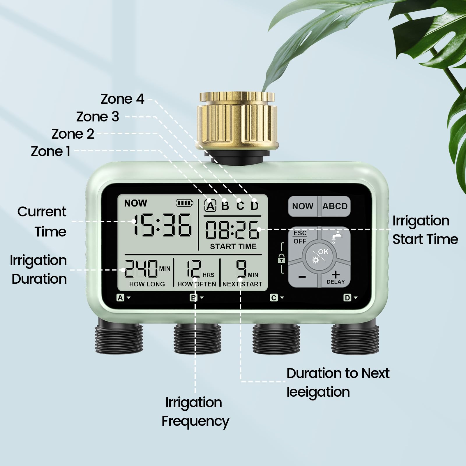Temporizador de Riego de 4 Zonas con Entrada de Latón, Temporizador de Aspersor, Temporizadores Programables para Grifo de Manguera de Jardín Exterior con Retardo de Lluvia/Manual/Automático Sistema