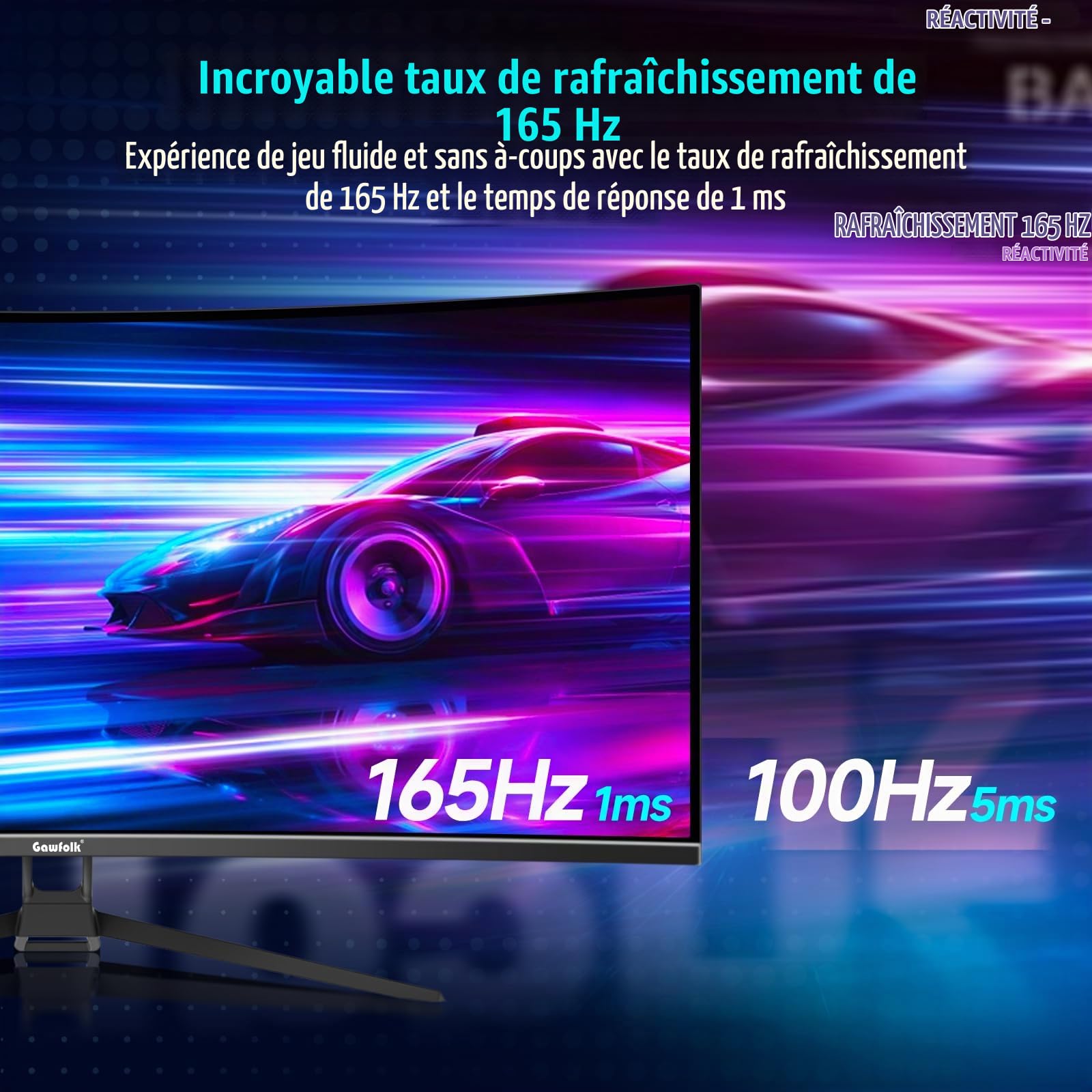 Gawfolk 34 Pouces Ultrawide Curved Gaming Monitor, 1500R PC Screen 165hz UWQHD 3440x1440, écran d'ordinateur incurvé avec FreeSync et Eye Care Technologie, supporte VESA 75 x 75 mm