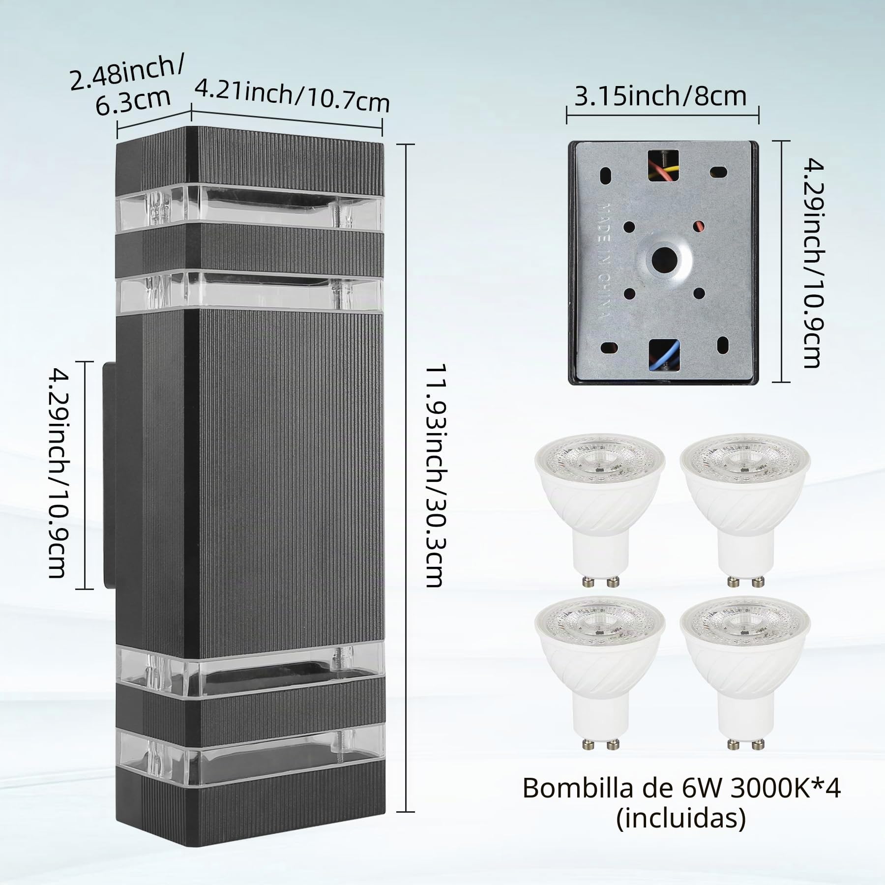 CANMEIJIA Aplique pared Exterior, luces de pared para exteriores IP65, impermeables, luces exteriores, luz de porche, lámpara de puerta delantera, moderna, aluminio negro, 3000K, incluye 4 * 6 W GU10