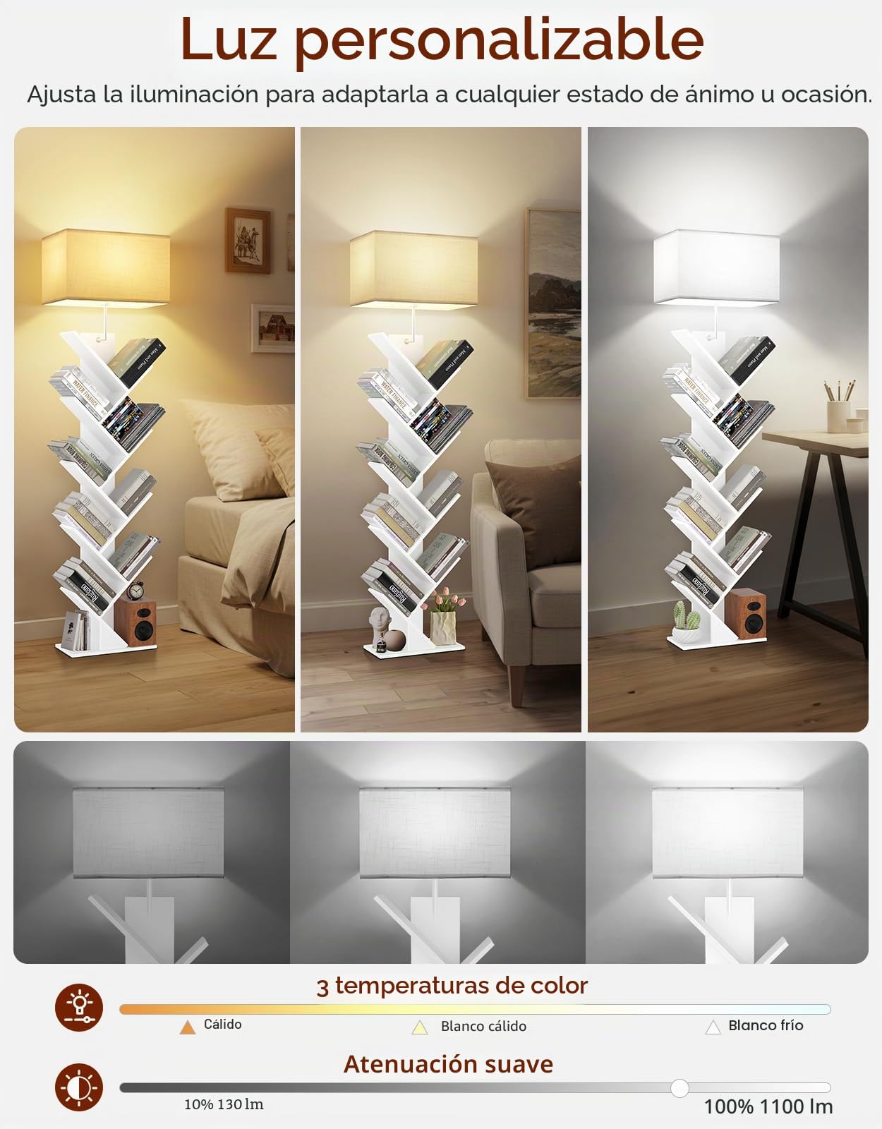 Estantería En Árbol con Luz, Estante De Esquina De 9 Niveles, con Mando A Distancia Y Temporizador, Mueble Estrecho De Madera para Libros, CDs, DVDs, Salón, Dormitorio, Oficina(Blanco)