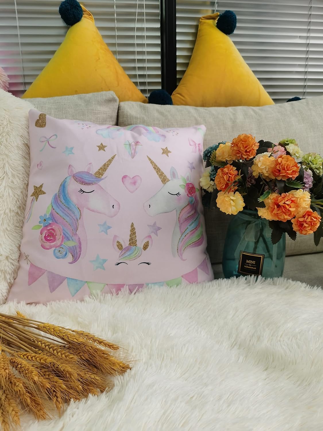 ZFENGYYUAN Pink Unicorn Throw Pillow Cases Square Decorative Cushion Cover Pillowcase 18inch Girls Bedroom short plush - Image 4