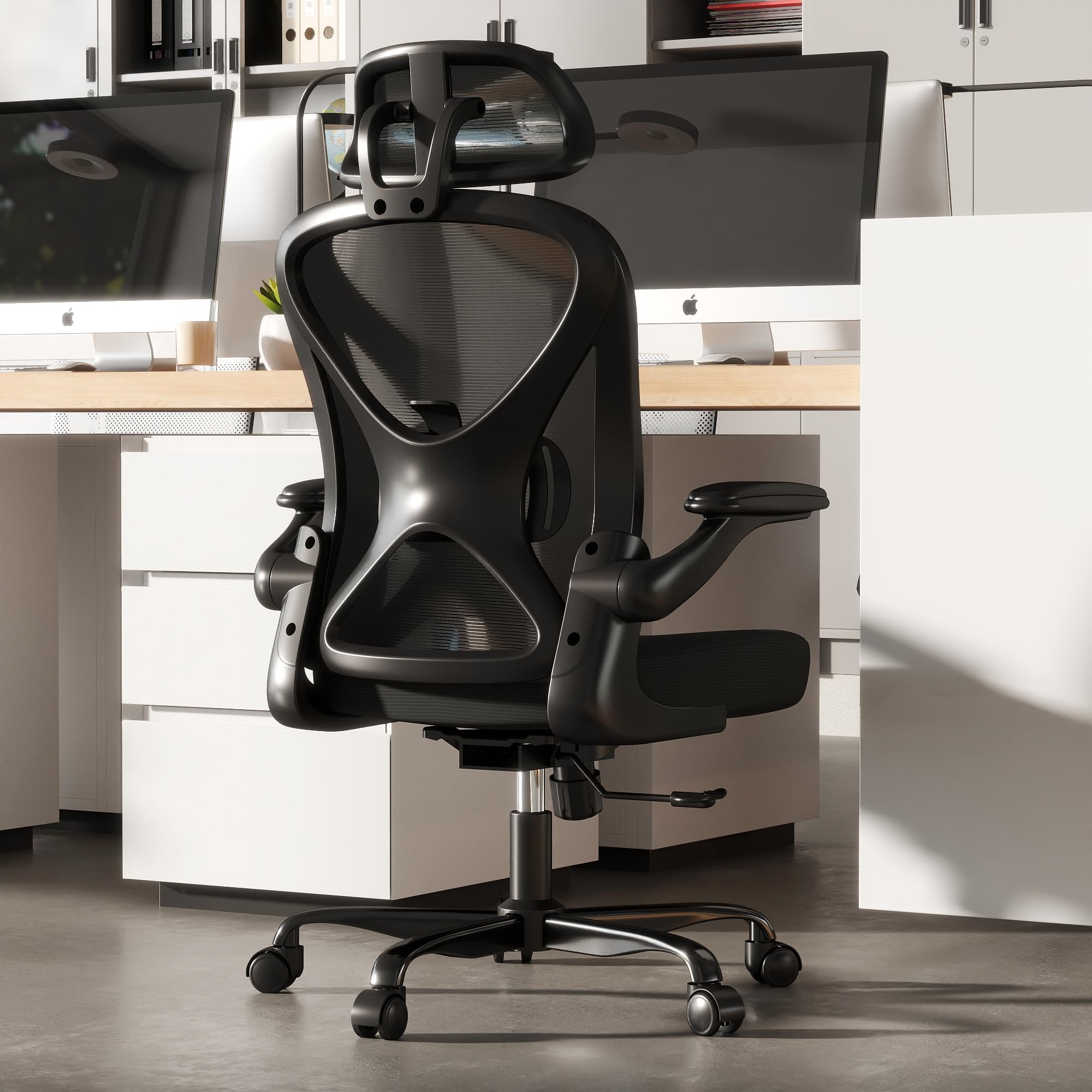 ZZH Silla de Oficina Ergonómica Soporte Lumbar Ajustable y Reposacabezas, Silla de Escritorio con Malla, Reposabrazos Abatibles, Ruedas de 360° y Ajuste de Altura, Negro