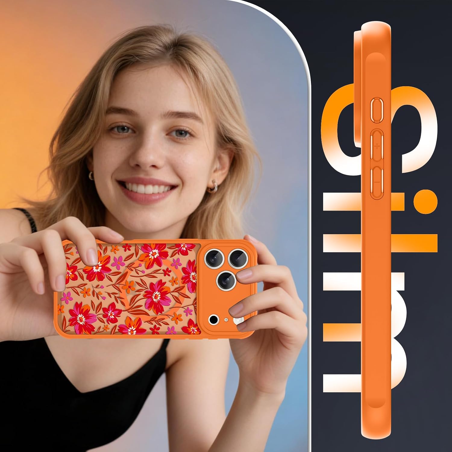 Magnetic Case for iPhone 17 Pro Max [Compatible with MagSafe] Cute Floral Flower Design Translucent Matte Anti-Scratch Shockproof Phone Cover for Women Girls, Orange